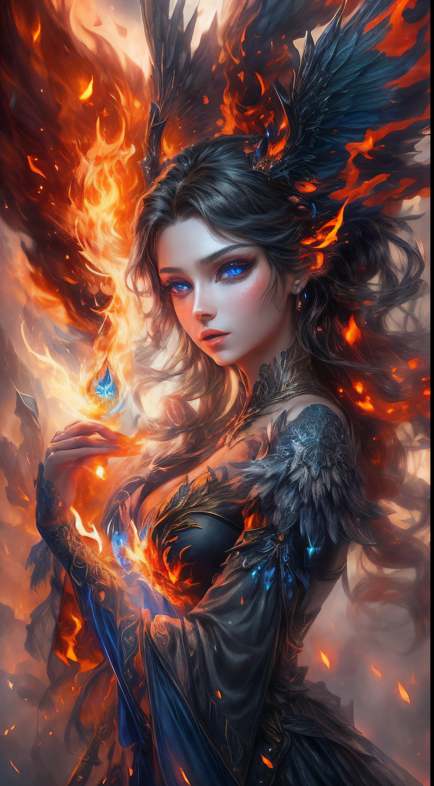 This is a realistic fantasy work of art, on which a black fire is visible, including trickles of black flame, Smoldering hot coals, thin curls of smoke, and a beautiful fiery dark druid. A druid stands in the middle of a raging hell with an interesting composition. Her face is skillfully sculpted, With elegant and exquisite features, perfect shading and realistic skin texture. her (red and blue eyes) are stunning and are the center of this image. (Her eyes are extremely detailed, beautiful detail eyes, and macro). Her eyes are distinguished by intricate details with well-defined flaming shells and bright sclera. Her soft lips are smooth and very plump, and her skin is pale with ornate fiery details. Her short dress is stunning and expensive, and is made of dark flame and sparkles, ornate with phoenix feathers, which flicker in the light of the fire. Her flowing dress glitters with flames and has a gracefully and intricately embroidered bodice with strands of dark flame, running on it. Include fantasy elements, such as bumps, Stones, fiery iridescence,, cinder, Silk, and an interesting backstory. Turn on the fiery magical creatures, such as fire birds and fire butterflies, which radiate a magical and mystical aura. illumination: Take advantage of the latest trends in lighting, To enhance the beauty of a work of art. Camera: Use dynamic composition, to create a sense of urgency and excitement. Take inspiration from the current masters of the fantasy genre, including trending artists on Artstation and Midjourney. ((Masterpiece))