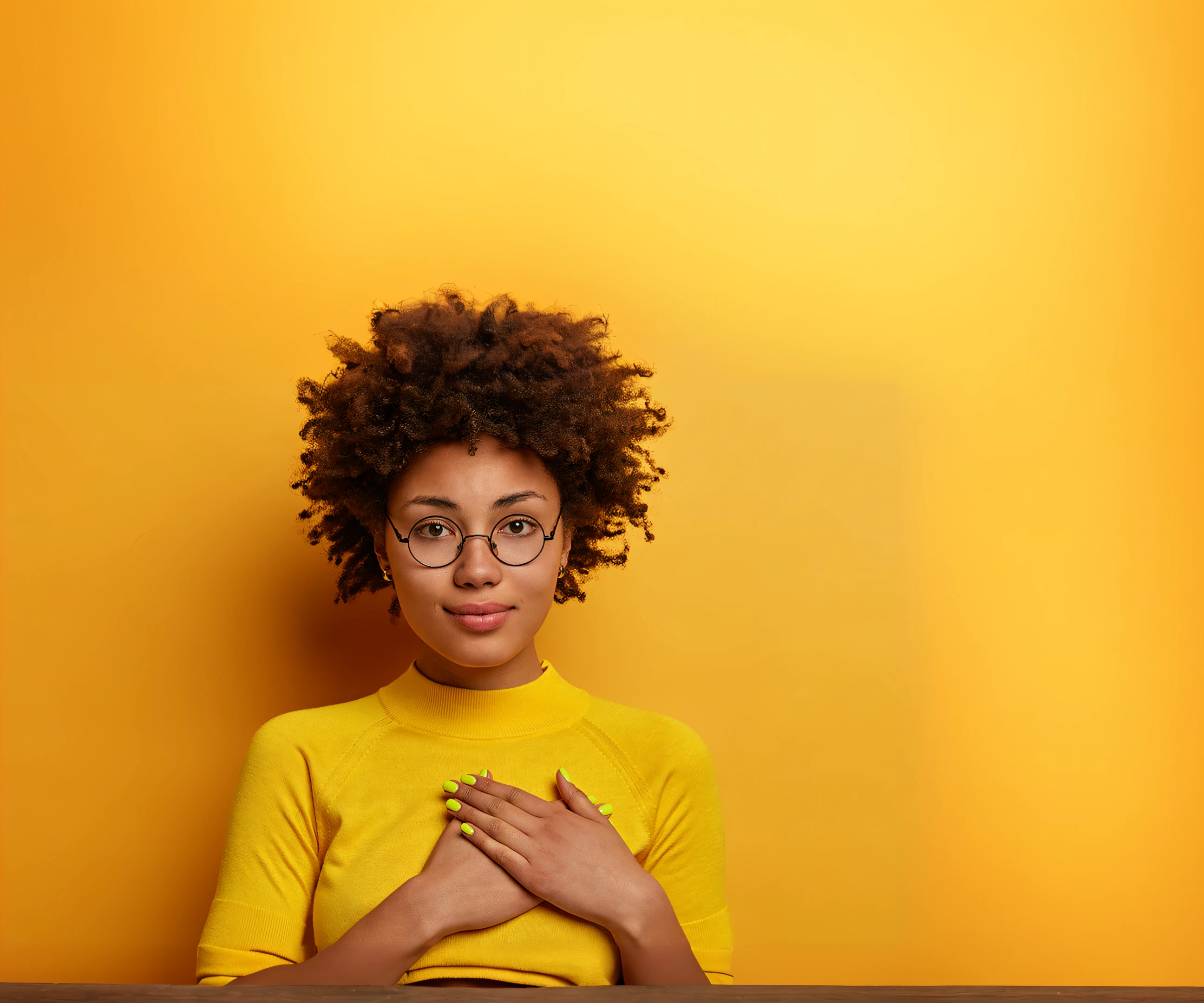 there is a woman with glasses and a yellow shirt posing for a picture, Mulher jovem afro-americana, mulher amarela bonita, wearing small round glasses, girl with glasses, vestindo croptop amarelo, foto de uma mulher negra, jovem mulher negra, mulher jovem negra, infp mulher jovem, girl wearing round glasses, Ashteroth, Menina africana de pele clara