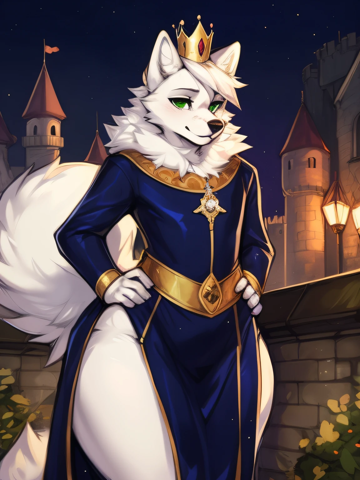 by zackary911,zackary911, arctic fox, anthro, castle background, chubby, crown, naked, green left eye, blue right eye ,heterochromia , detailed eyes ,black pupils, curvy thighs, big thighs, huge thighs, city, big butt, huge butt, balls ,erection, canine penis, knot, femboy, hand on hip, hair, sexy, young, teenager, precum, fluffy tail, long tail, pov, arm warmers, leg warmers,