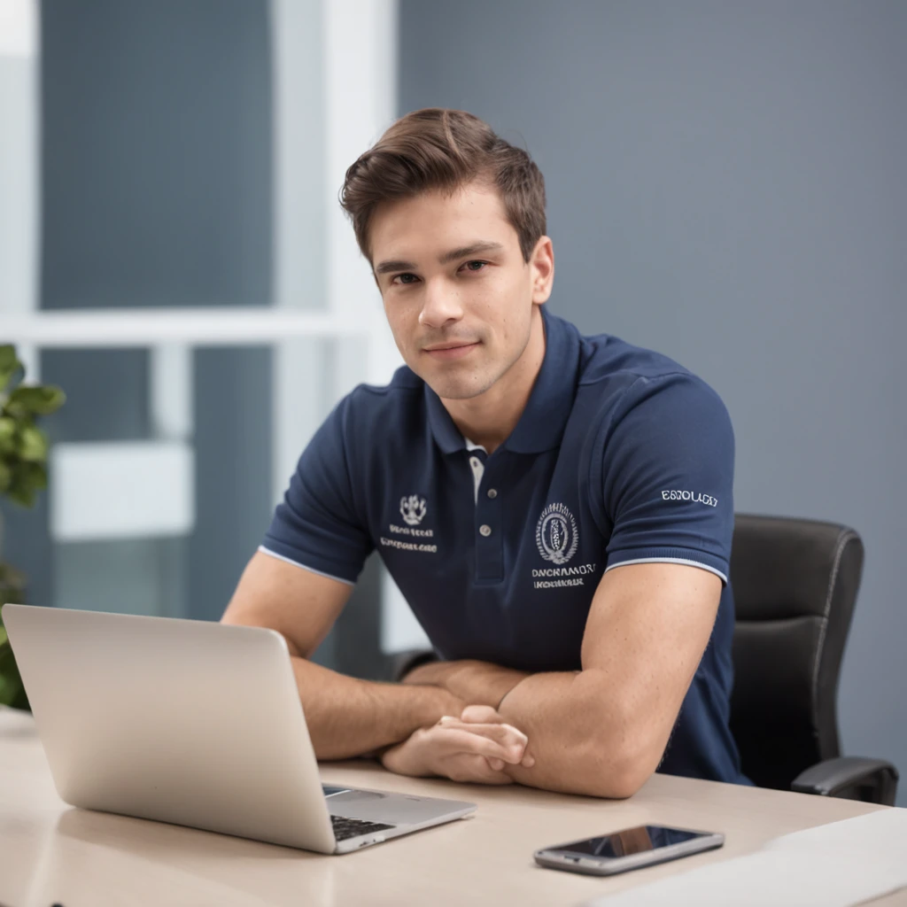 Criar uma imagem de um jovem (Por volta dos 25 anos) USANDO CAMISETA POLO AZUL MARINHO, working enthusiastically at an office desk with a laptop. The office should look modern . Use moderno, Technological themed colors like dark blue and silver with some vibrant highlights. Include subtle AI-related visuals, hd
Use a contemporary art style with clean lines and clear details. Mostre o jovem como confiante, determinado, e apaixonados por IA. Esta imagem representa a nossa empresa inovadora focada em IA. Ensure it's high quality for marketing and social media.