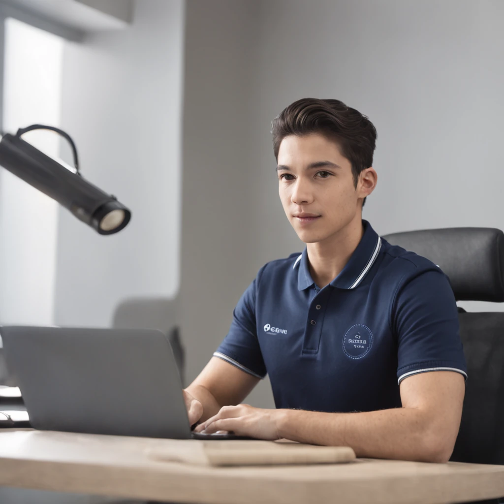 Criar uma imagem de um jovem (Por volta dos 25 anos) USANDO CAMISETA POLO AZUL MARINHO, working enthusiastically at an office desk with a laptop. The office should look modern . Use moderno, Technological themed colors like dark blue and silver with some vibrant highlights. Include subtle AI-related visuals, hd
Use a contemporary art style with clean lines and clear details. Mostre o jovem como confiante, determinado, e apaixonados por IA. Esta imagem representa a nossa empresa inovadora focada em IA. Ensure it's high quality for marketing and social media.