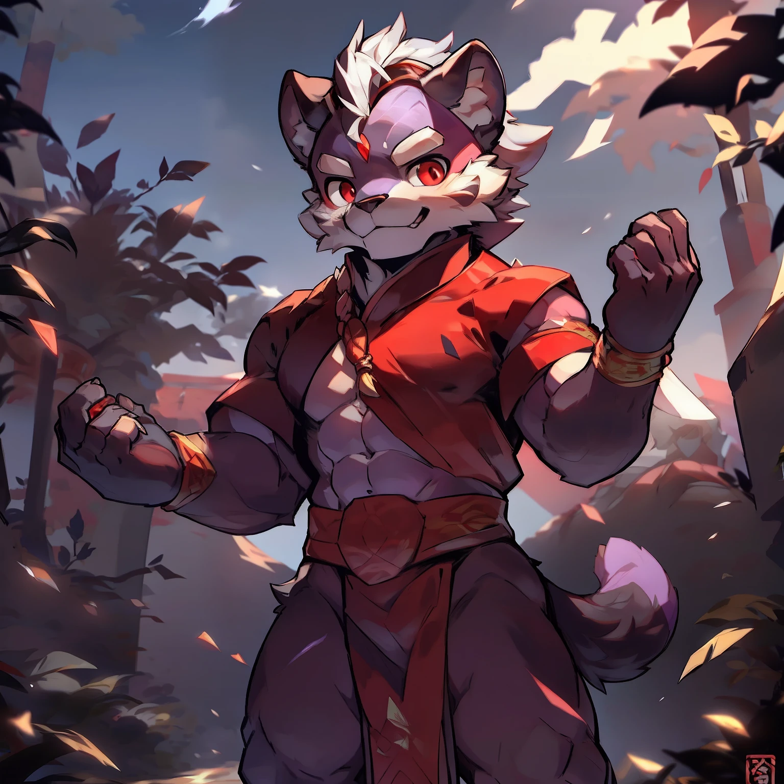 Best Quality), (Masterpiece), (((Single))), (Ultra Detailed), (Furry), Full Body Furry, Furry, (Male Tiger: 1.5), (Purple Skin: 1.3), (Purple Fur: 1.3), Character Focus, (Red Eyes), ((Humanoid hands)), ((Detailed People)), (Gray Ears), Sharp Focus, (Furry Feeling of Animal Ears), Chinese Wuxia, ((Wuxia)), ((Chinese Style)), Chinese Wuxia Costume, On the streets of ancient China, Muscular body, Young, Abs.