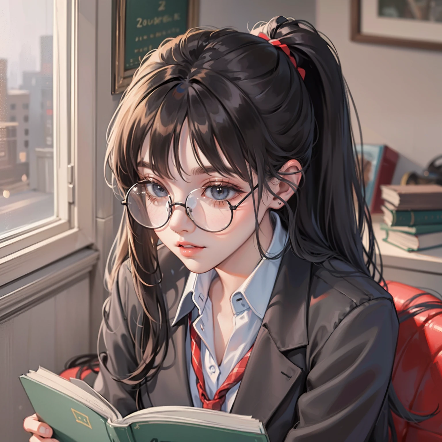 kr-pny, Outrageously long ponytail, Parted bangs, 1girll, school uniform, Dark gray open jacket, Dark gray blazer, Pleated skirt, plaid skirts, circle glasses, Reading a book, Shy and quiet girl, looking at the distance, Extremely detailed hair, intricately details, Masterpiece, Best quality, Upper body, Realistic,