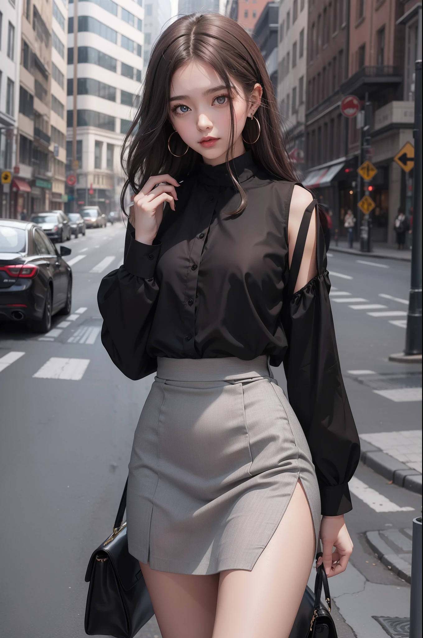 A girl standing at the roadside, she's wearing black blouse and grey colour skirt, red  colour eyes, brown soft hair, earrings, perfect body figure