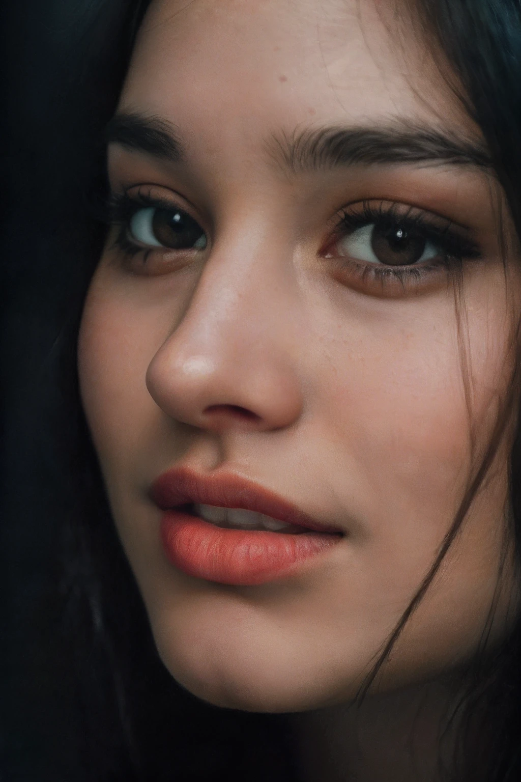 (close-up, editorial photograph of a 21 year old woman), (highly detailed face:1.4) (smile:0.7) (background inside dark, moody, private study:1.3) POV, by lee jeffries, nikon d850, film stock photograph ,4 kodak portra 400 ,camera f1.6 lens ,rich colors ,hyper realistic ,lifelike texture, dramatic lighting , cinestill 800,