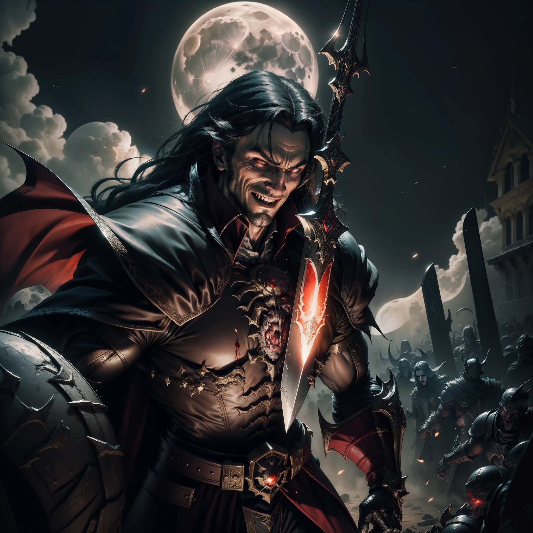 A realistic image of Dracula from the shadow lord Castlevania, in the middle of a battlefield with several fallen soldiers bleeding with the light of the moon reflecting off and Dracula with a sword in his hand and with a sarcastic smile hyper realistic super detailed Dynamic shot master piece scene cinematic scenes movie