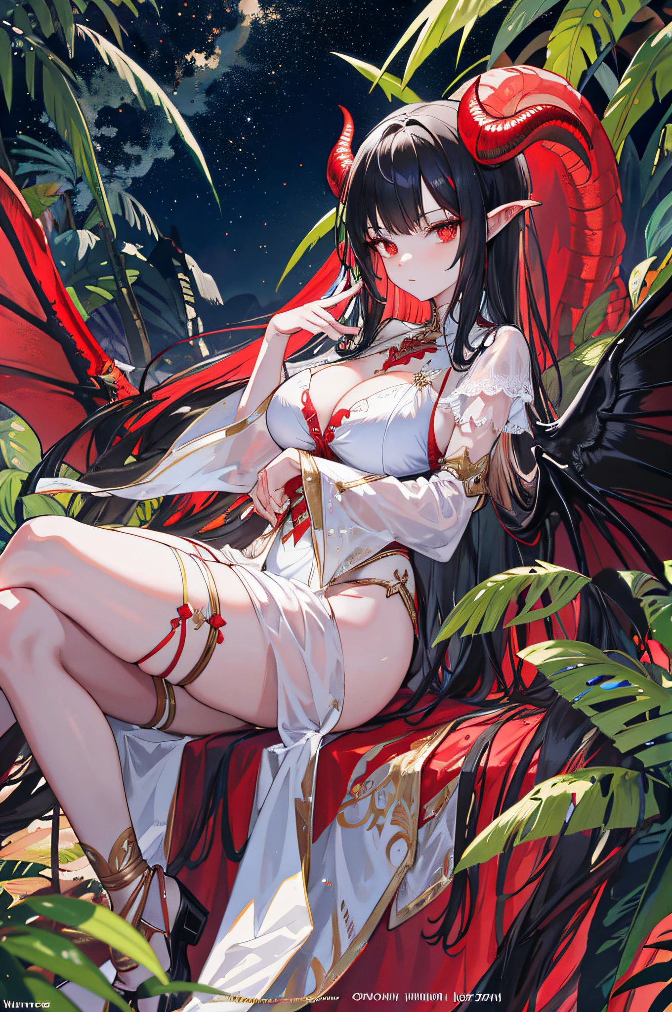 1 has huge wings,Huge dragon horns,Huge dragon tail girl deep in the jungle,Gorgeous armor,White lace panties are exposed,Red and black hair,black luminous eyes,Divine moonshine,highest quality,Jungle background at night