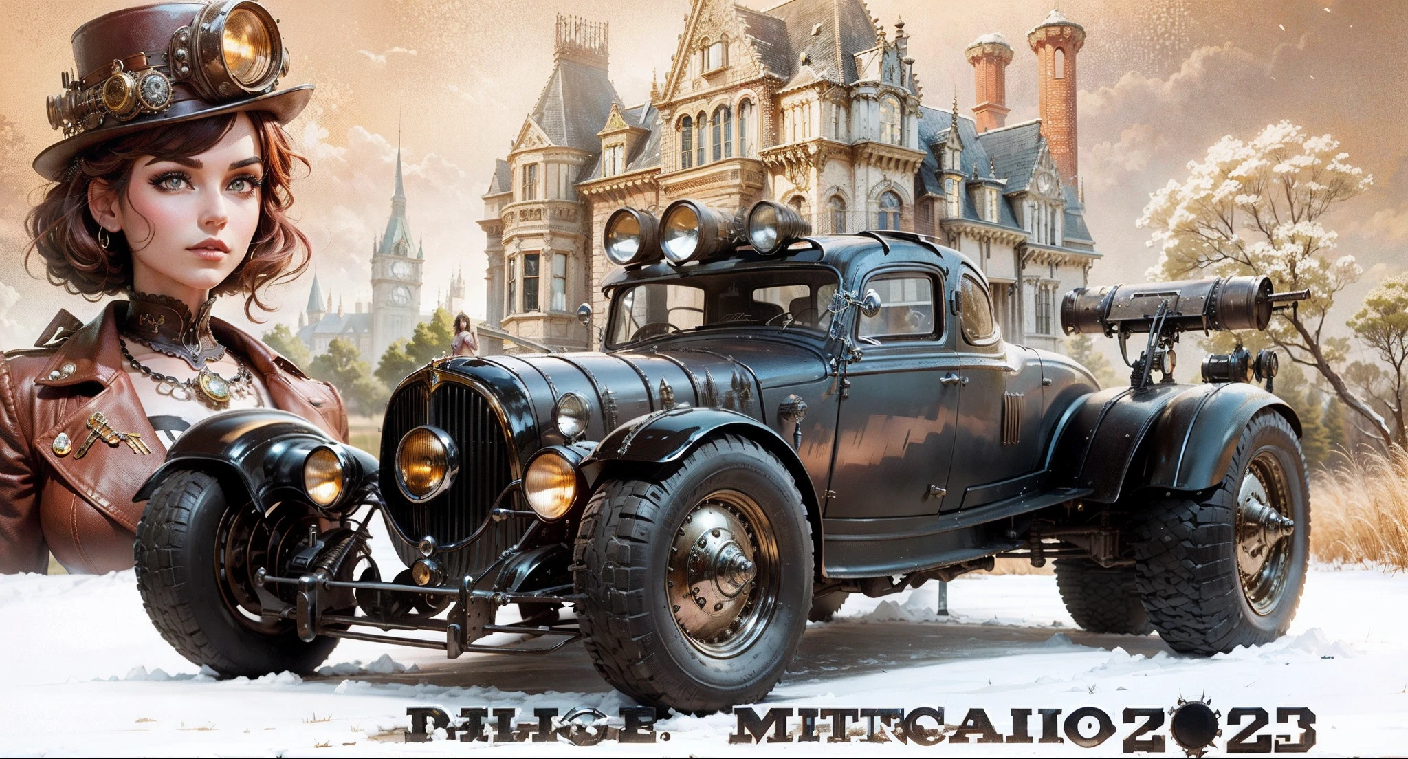 Retropunk car in the foreground and a scene with a beautiful steampunk girl in front of a steampunk mansion in the background