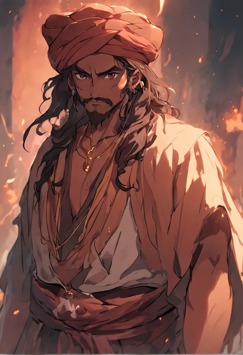a brown gypsy Hindu man in typical pirate robes without a hat