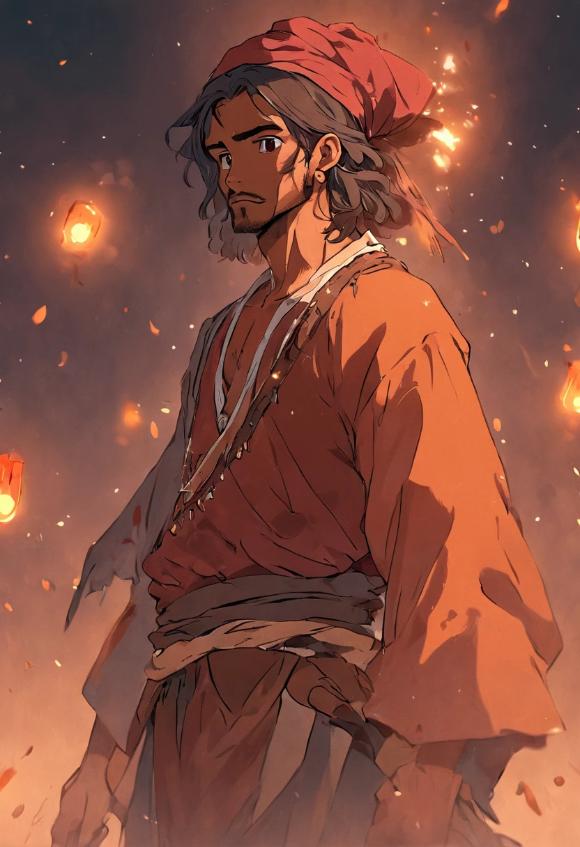 a brown gypsy Hindu man in typical pirate robes without a hat