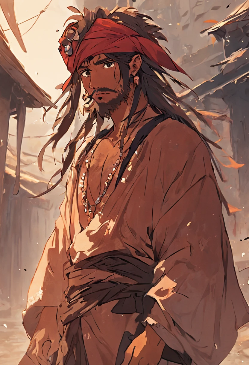 a brown gypsy Hindu man in typical pirate robes without a hat