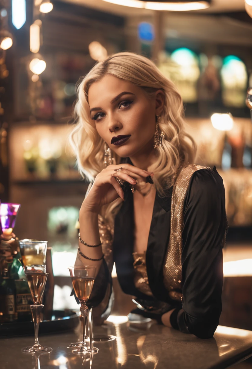 a blonde woman,25 years old, hot dressed holding a glass of wine as she poses at a restaurant by a restaurant window, in the style of dollcore, light brown and black, twisted, photo taken with provia, angelcore, hollywood glamour, barbiecore, clear background --ar 9:16--