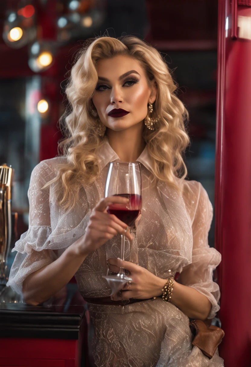 a blonde woman hot dressed holding a glass of wine as she poses at a restaurant by a restaurant window, in the style of dollcore, light brown and black, twisted, photo taken with provia, angelcore, hollywood glamour, barbiecore --ar 9:16--