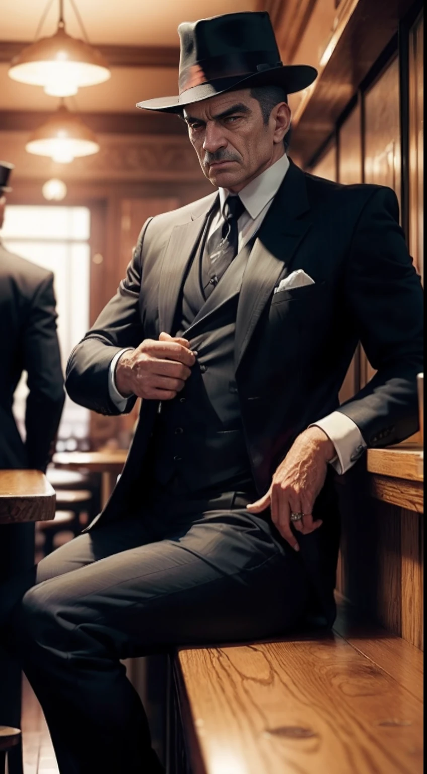 Mafia boss sit in the bar, mafia guards behind
