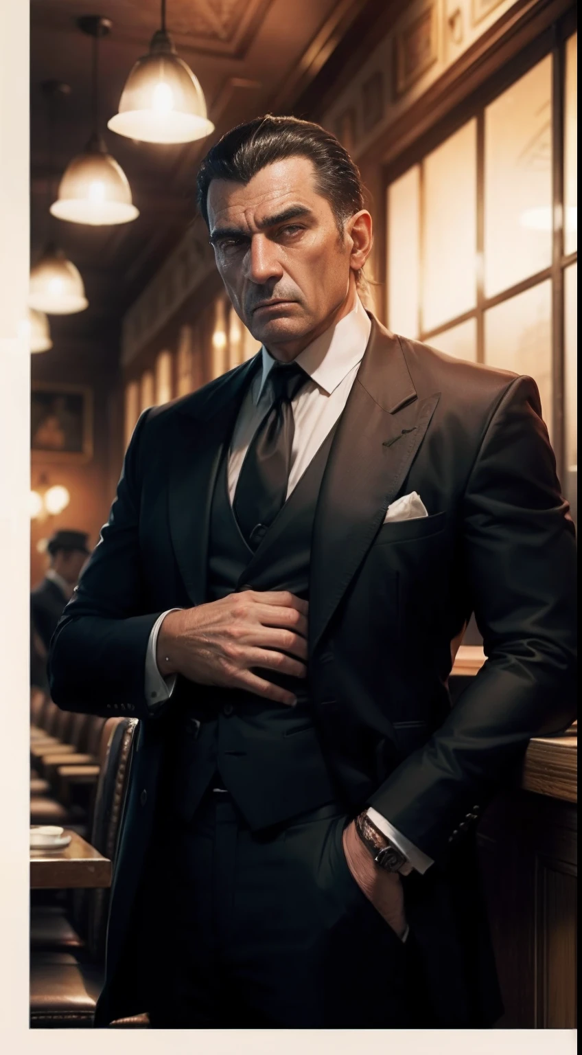Mafia boss sit in the bar, mafia guards behind