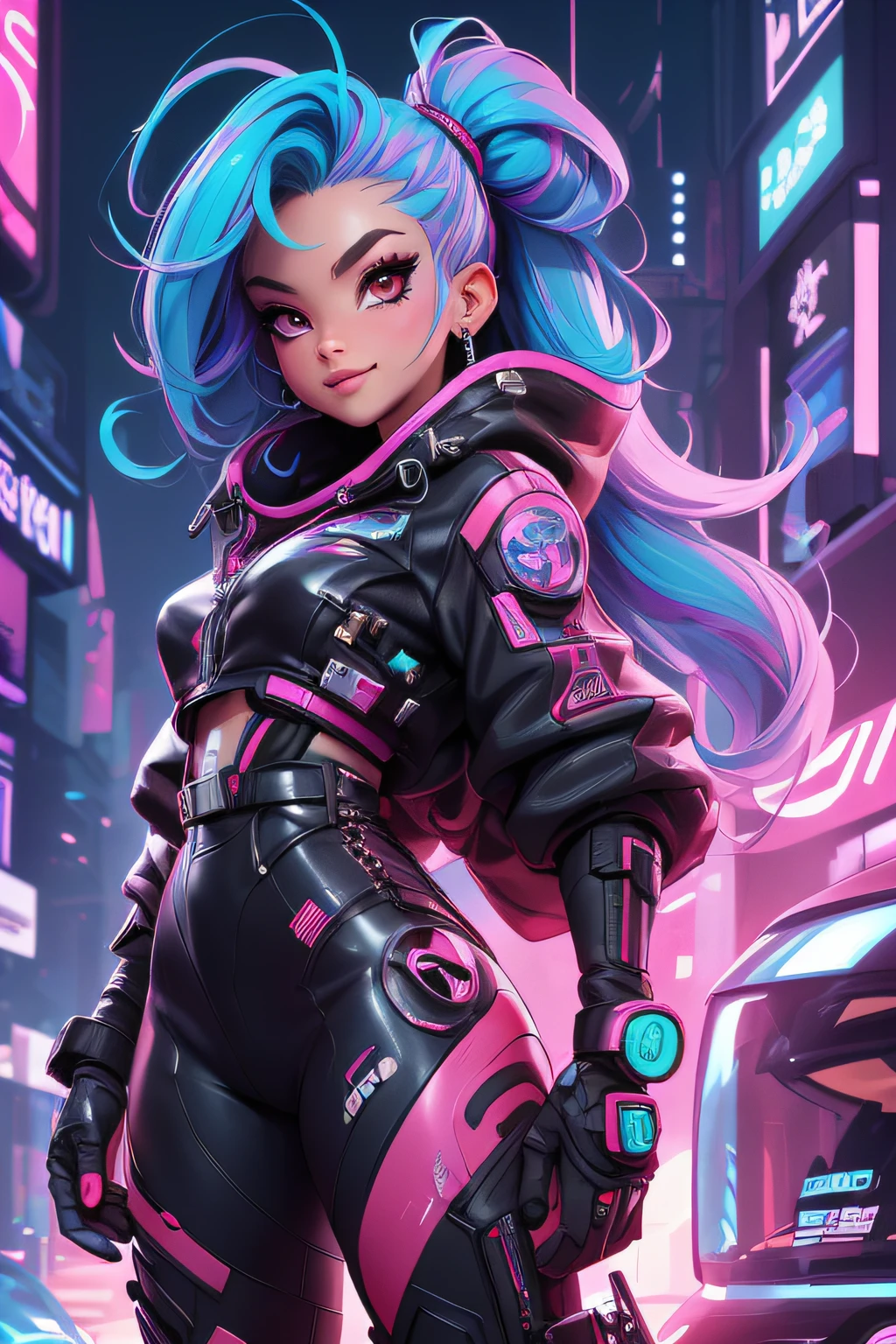 Cyberpunk girl, provocative pose, trendy and innovative hairstyle, (Best quality, 4k, Masterpiece: 1.3), full body, rainbow hair, beautiful young woman, realistic, red eyes, smart, kind, energetic, cheerful, creative, seductive girl, smile, lightings