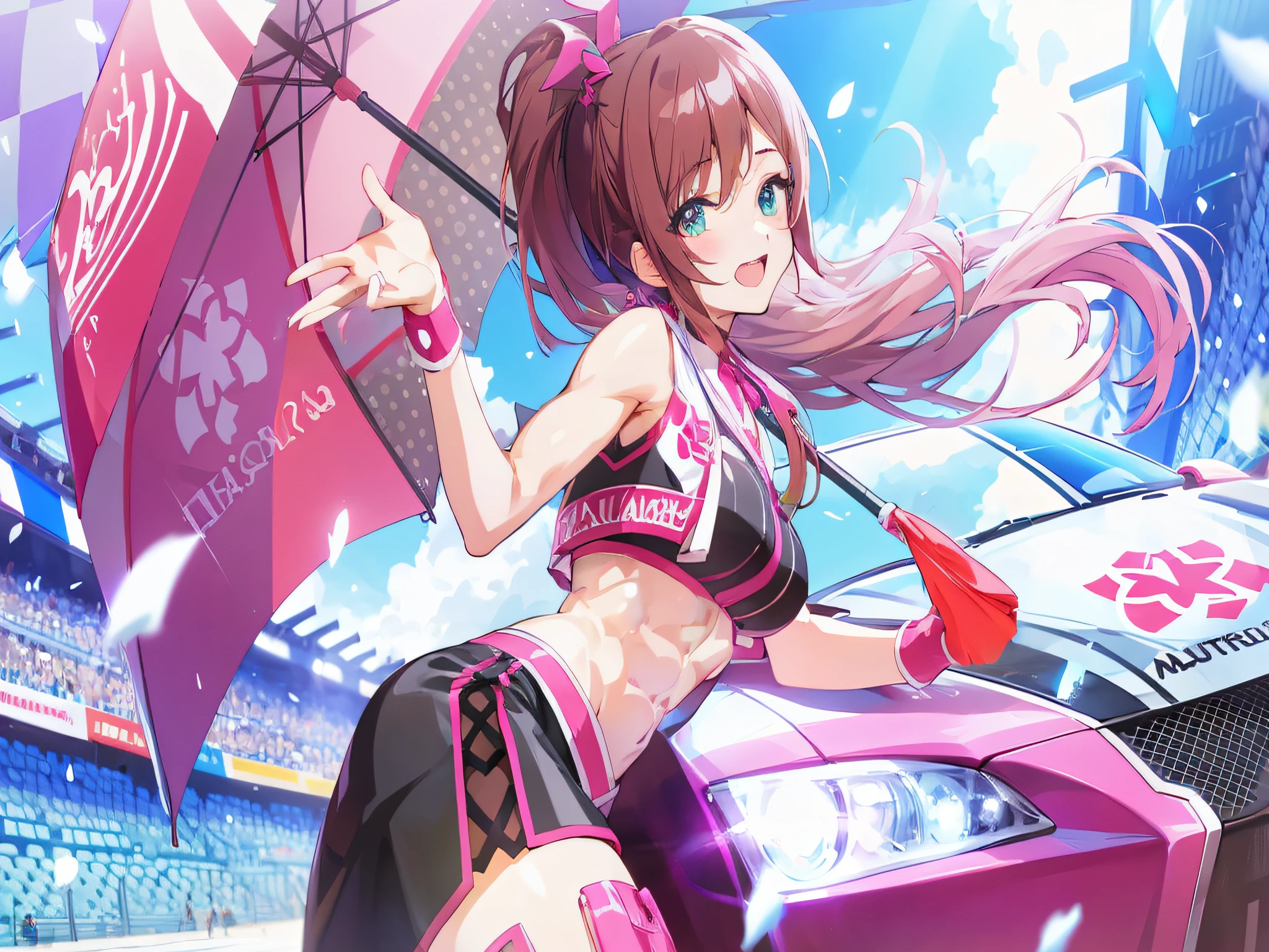 masterpiece, best quality, an extremely delicate and beautiful girl,with umbrella standing next to a car in a stadium, official artwork, idolmaster, anime moe artstyle, macross delta splash art, best anime 4k konachan wallpaper, (anime girl), anime style 4 k, high detailed official artwork, marin kitagawa fanart, smooth anime cg art, seductive anime girl, splash art anime loli