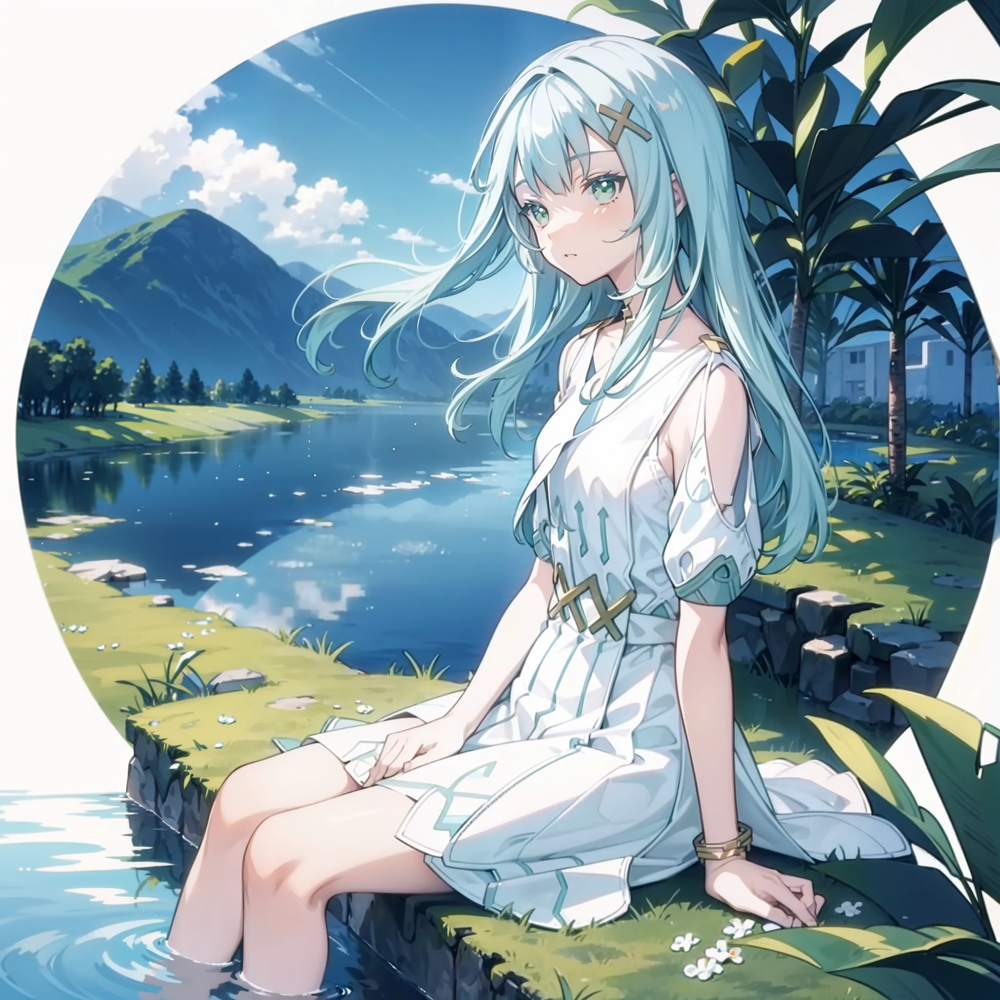 green fields pattern, white background, casual outfit, facing sideway, sitting, inside in the circle in the middle, long hair, water reflection,