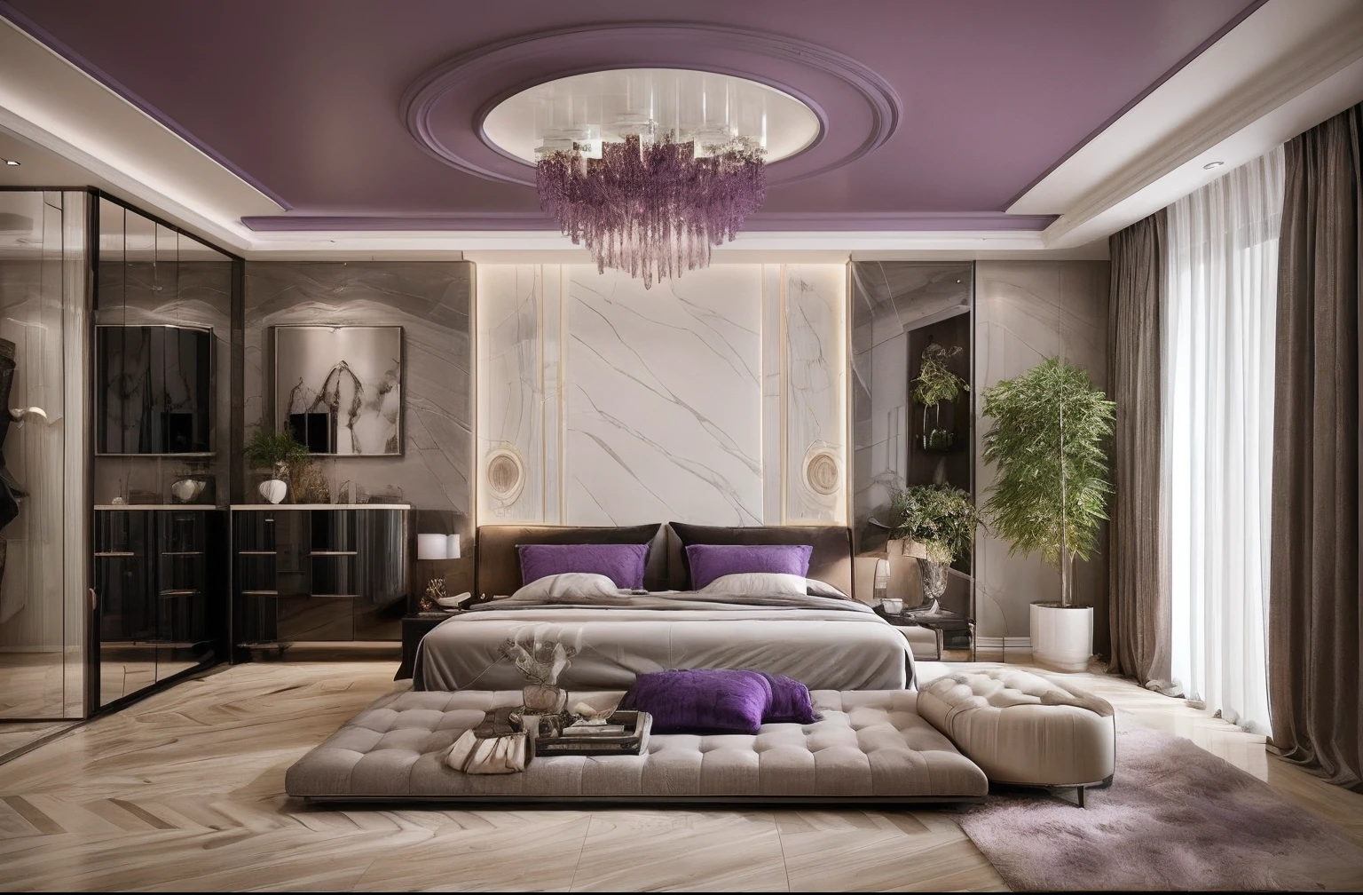 Luxurious bedroom table with sleek flair, Contemporary design, It is characterized by a unique combination of bright purple and sharp white.. Design a stunning 3D-rendered minimalistic bedroom with a purple color scheme. Use shades of purple such as lavender, lilac, and deep plum to create a harmonious and calming atmosphere. Incorporate sleek and modern furniture pieces with clean lines and minimalistic designs. Add subtle textures and patterns to the walls and bedding to create visual interest. Pay attention to lighting, using soft and warm illumination to enhance the cozy ambiance. Finally, add a touch of greenery or natural elements to bring life and freshness to the space.