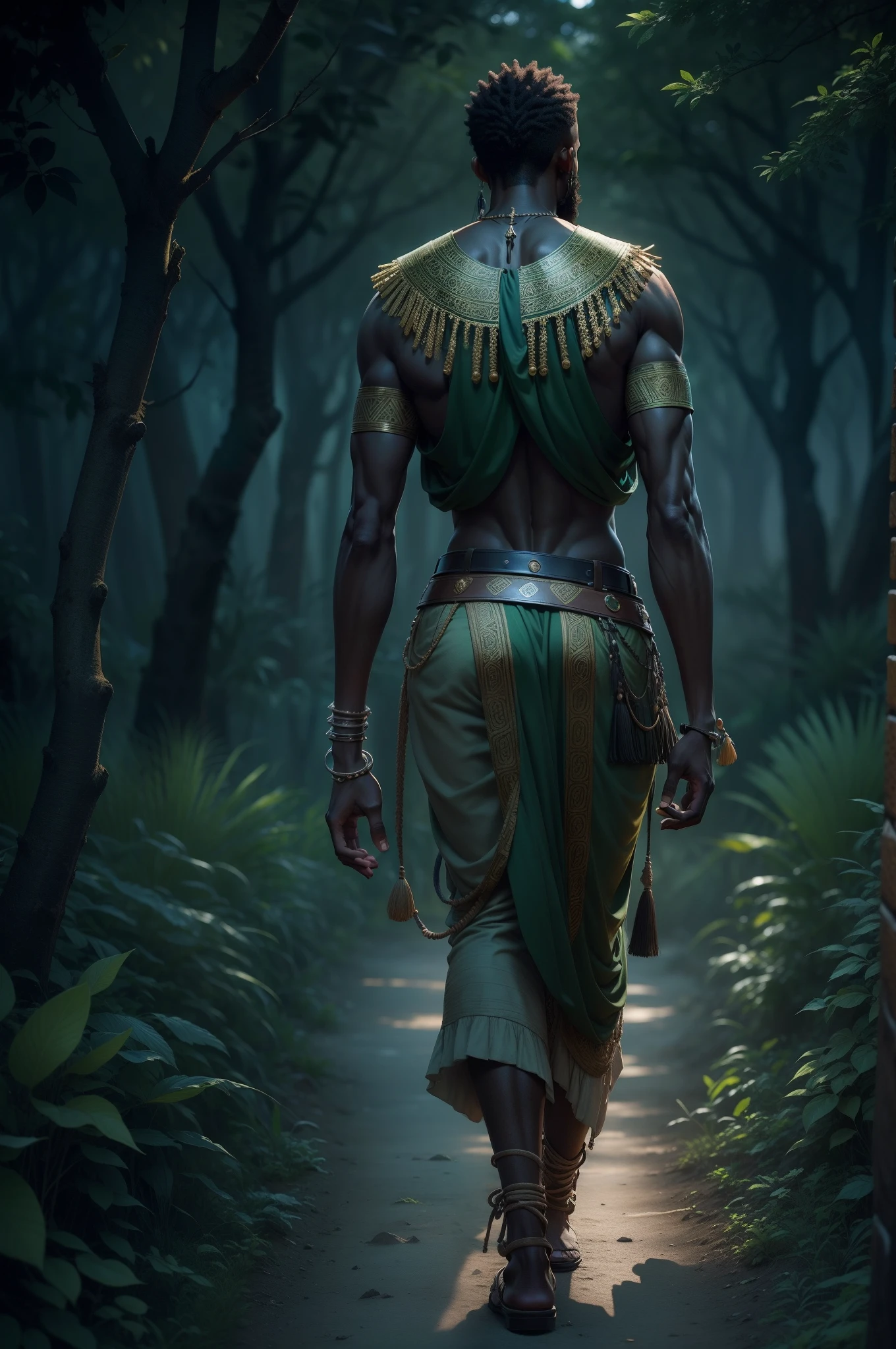 Deus masculino africano, Oxossi, Walking at night in an African forest, de costas, roupas africanas, anatomia perfeita, de noite, octan render, kayblack, rosto perfeito