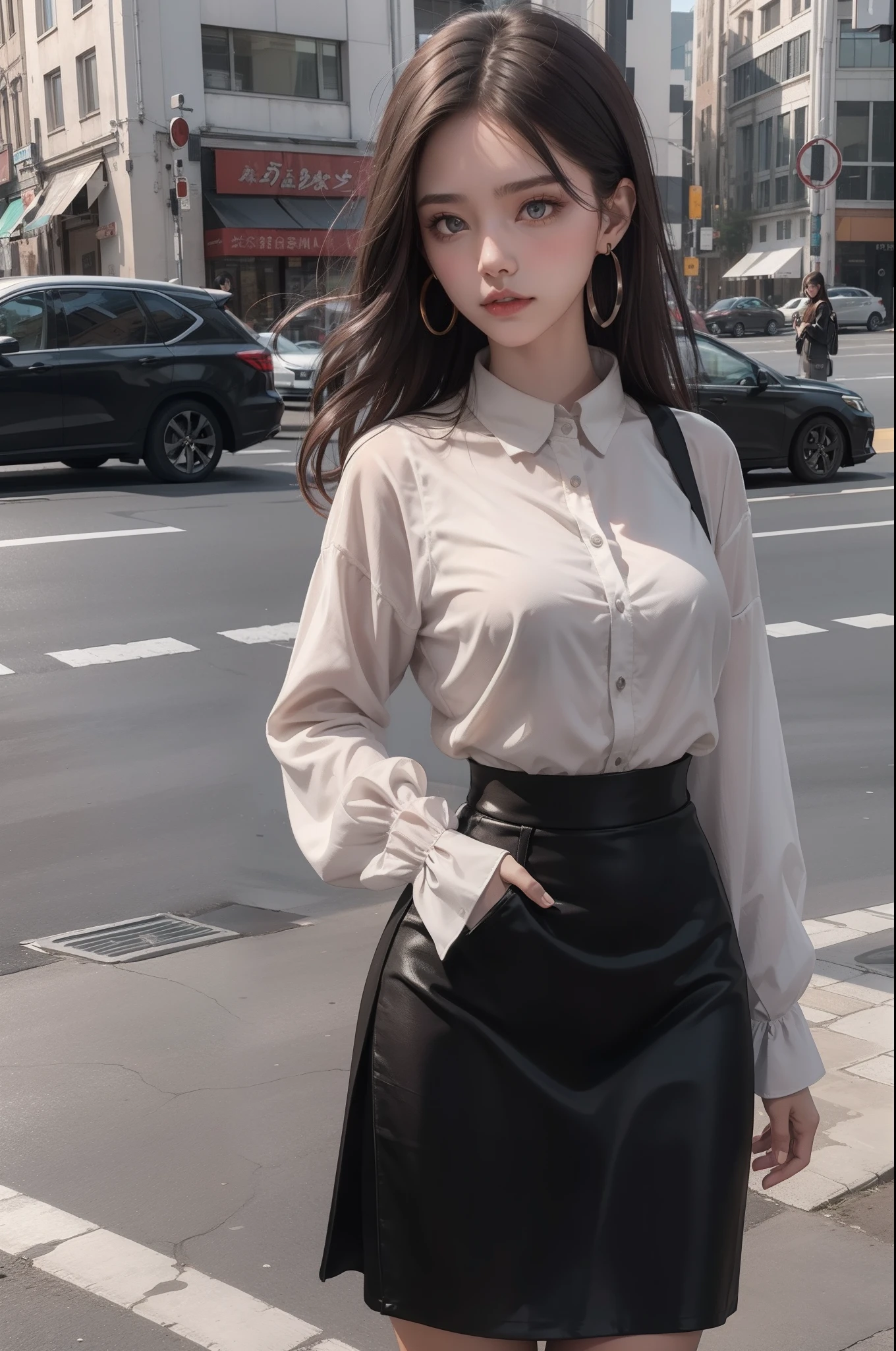 A girl standing at the roadside, she's wearing black blouse and grey colour skirt, red  colour eyes, brown soft hair, earrings, perfect body figure