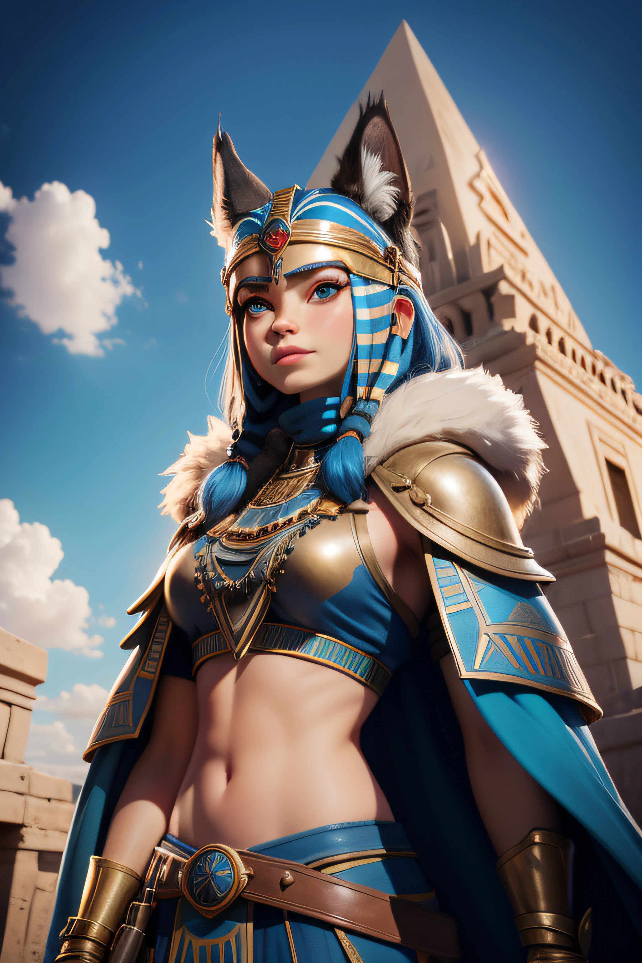 master piece, beste-Qualit, Kristine Kreuk, outdoor, HDR, ciel bleu, sun light, Perfect light pyramid, solo, retail fur, Adorable epic movie concept, Egyptian clothing, regardant le spectateur, sheli, lynx