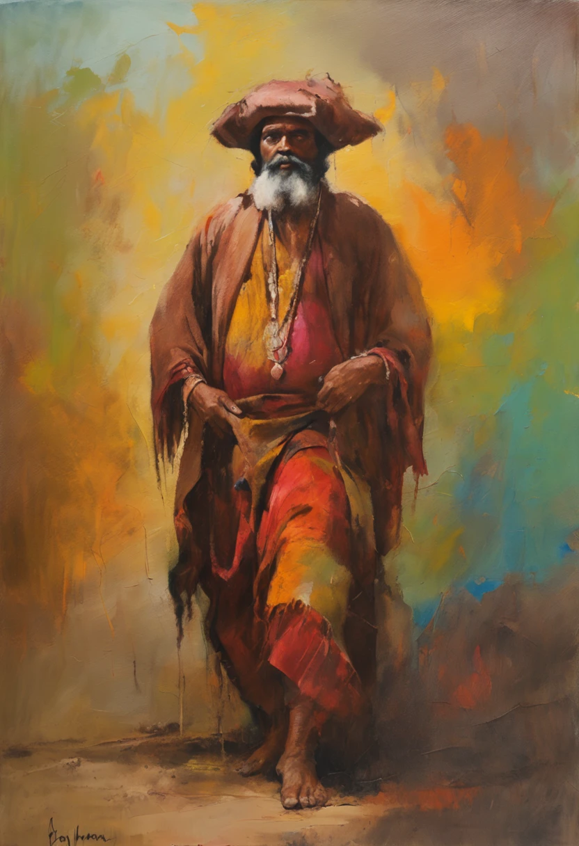 a brown gypsy Hindu man in typical hatless pirate robes beautiful landscapes, Grande profundidade de campo, Arte Digital, obra prima, Qualidade UHD". RPG