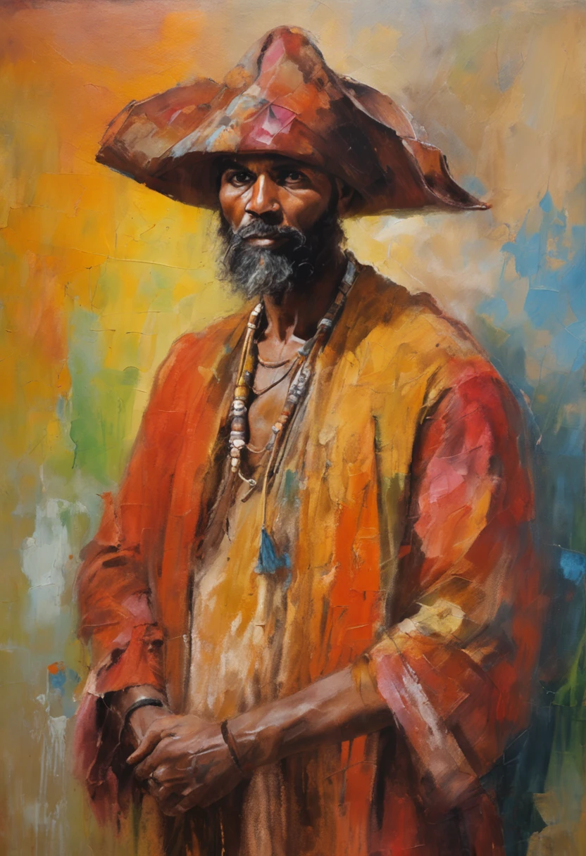 a brown gypsy Hindu man in typical hatless pirate robes beautiful landscapes, Grande profundidade de campo, Arte Digital, obra prima, Qualidade UHD". RPG