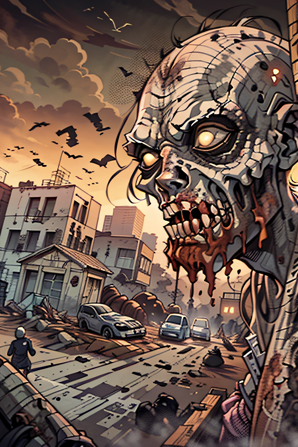 zumbi andando em uma cidade com um monte de zumbis, zumbis nas ruas, Desolado com zumbis, epic full color illustration, zumbi na arte conceitual do terror, Ataque de zumbis, zumbi em todos os lugares, Zumbis, apocalipse zumbi, full-colour illustration, morto-vivo. altamente detalhado, color digital illustration, zumbi, post apocalyptic street, Apocalipse de zumbis, Horda de zumbis