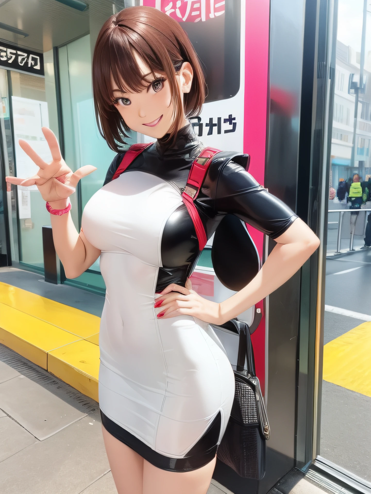 Enamel Bodycon、Arm Swinging Pose、a miniskirt、Full smile
