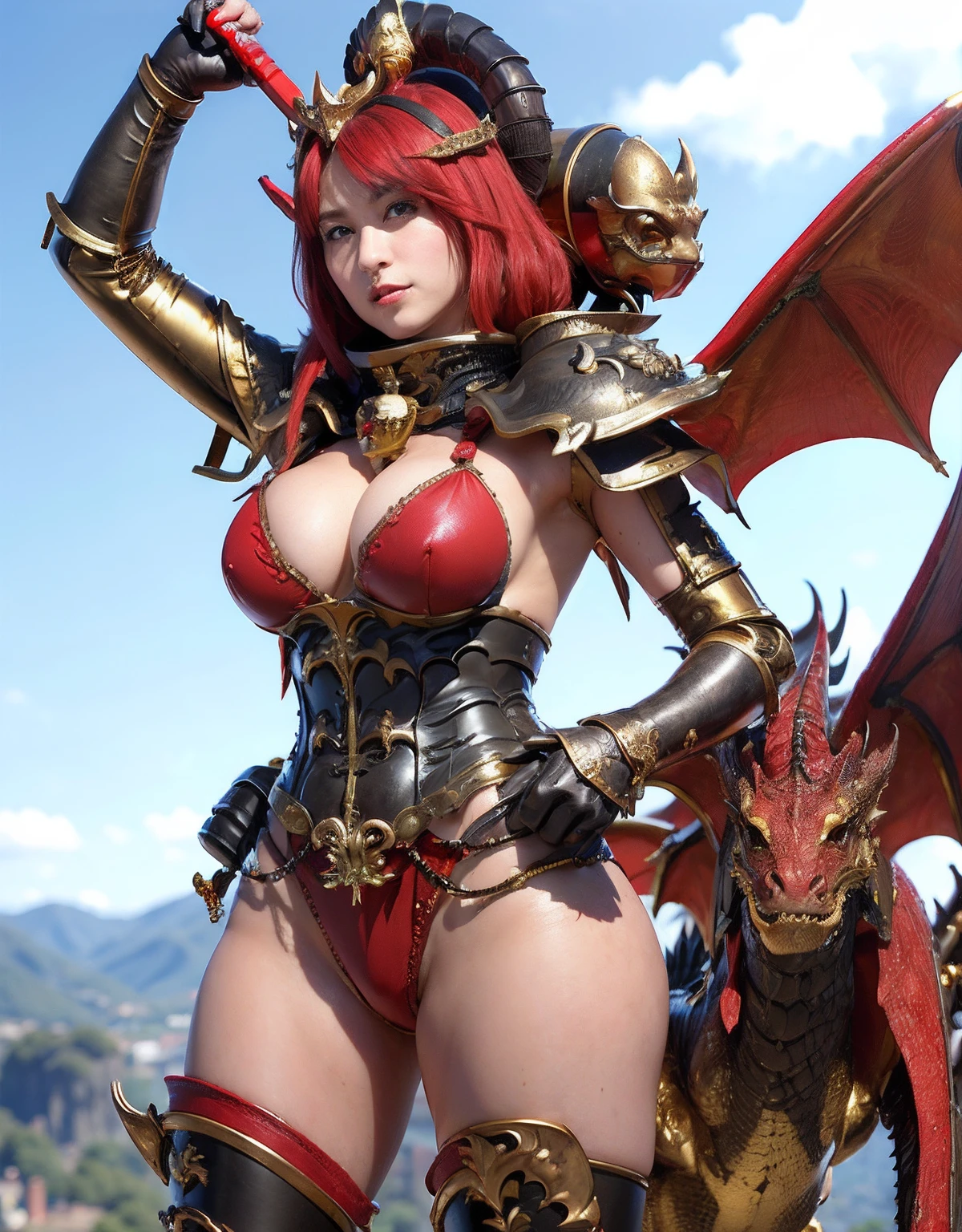 Professional , masterpiece、top-quality、photos realistic , depth of fields 、(Dragon Red Metal Body:1.9),(Enamel Red、(cleavage of the breast)、Dragon Gold Weapon、(Red Micro Bikini Armor:1.4),Gorgeous gold weapons ,(Riding a Demon Beast),(( Dragon's dense and gorgeous sword)) , (demonic wings)、((a blond))、(Castle background)、((Gangle's forest background))、((Fight dragons))、Beautiful Caucasian beauty、1a person、dynamic ungle,(((Detailed and ornate dragon helmet)))、Smaller head、A smile、Castle background、Thin and beautiful female hands、cleavage of the breast、Soldier in iron armor on background、Mystical expression、Light Effects、intense fighting、Wind-effect、magic circles、With the legendary magic wand、Dragon's tail、explosions、Anatomically correct body、