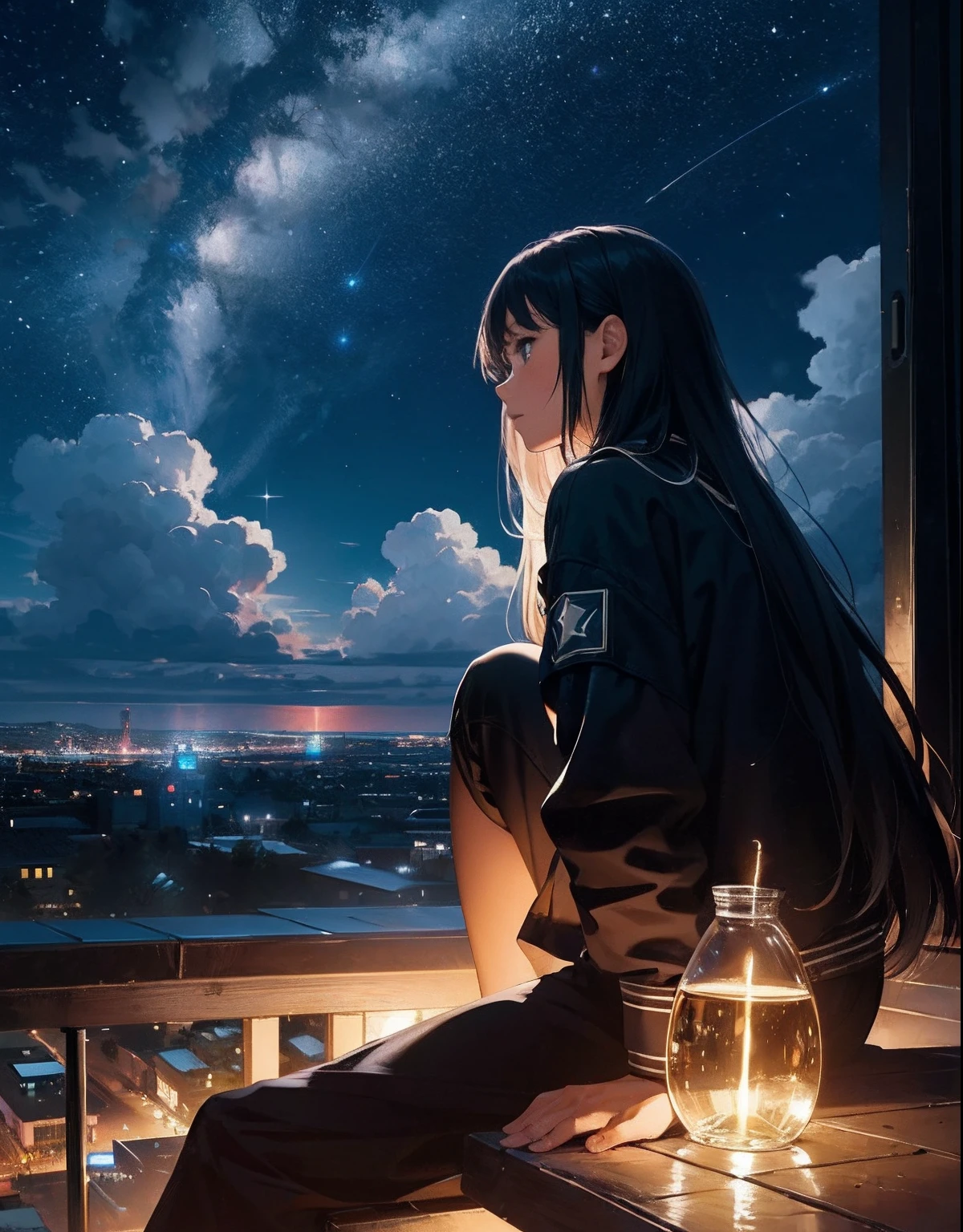 octans, sky, star (sky), scenery, starry sky, night, 1girl, night sky, solo, outdoors, building, cloud, milky way, sitting, tree, long hair, city, silhouette, cityscape