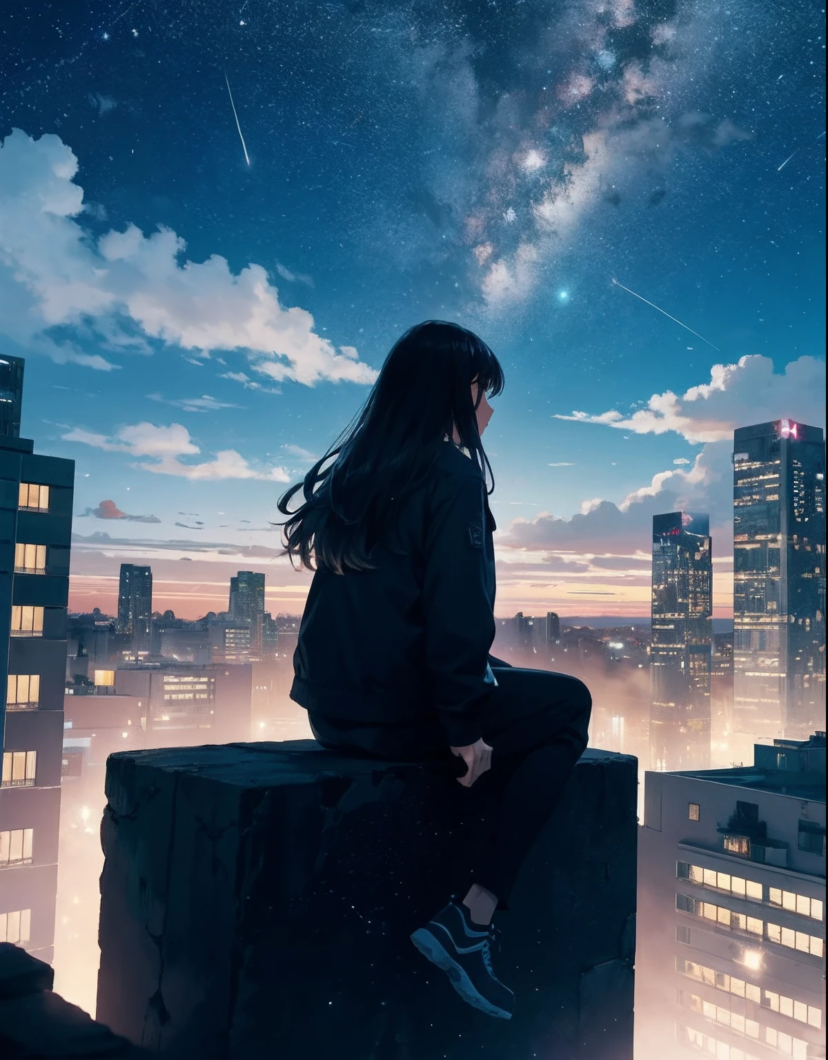 octans, sky, star (sky), scenery, starry sky, night, 1girl, night sky, solo, outdoors, building, cloud, milky way, sitting, tree, long hair, city, silhouette, cityscape