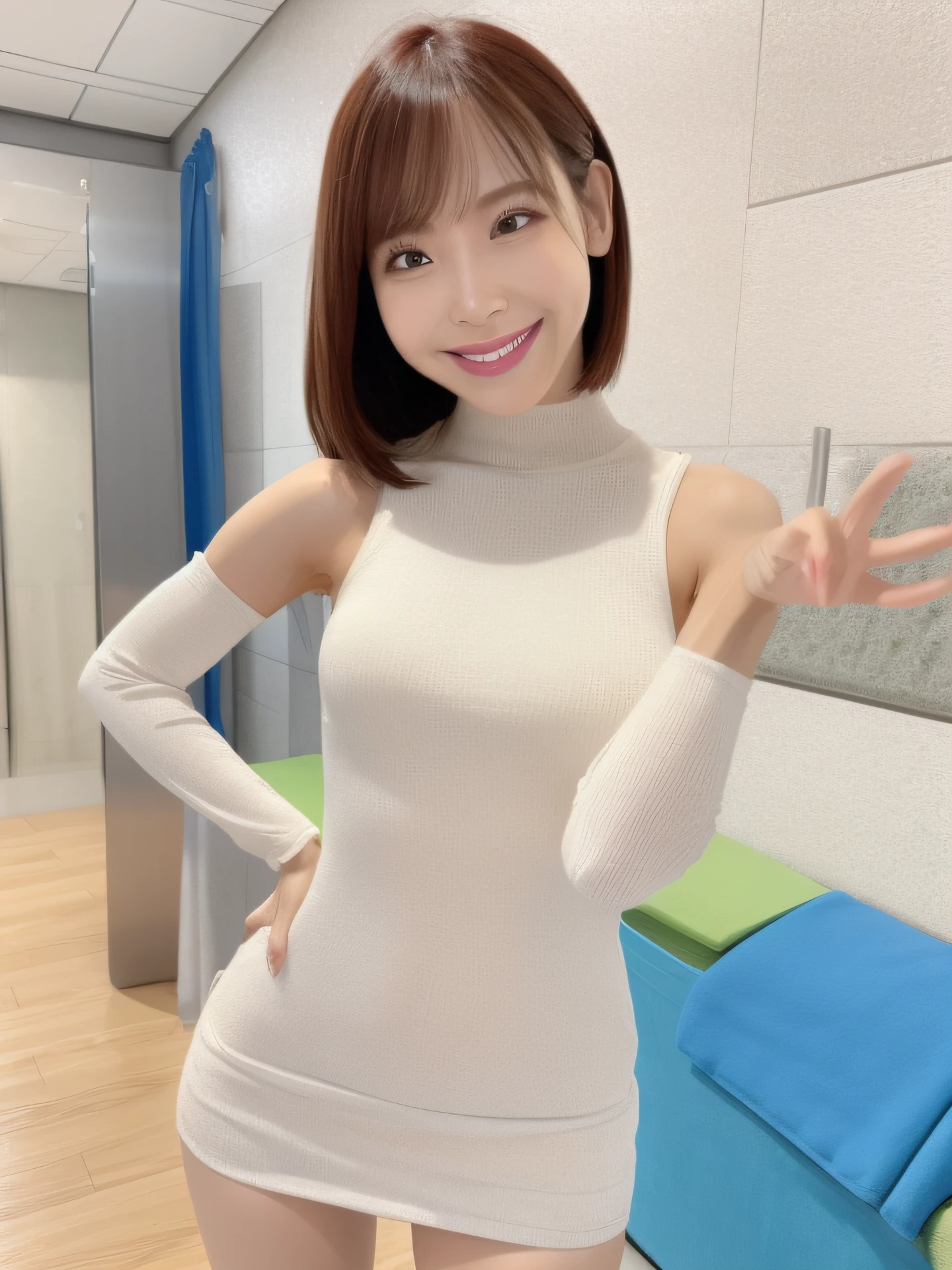 Enamel Bodycon、Arm Swinging Pose、a miniskirt、Full smile