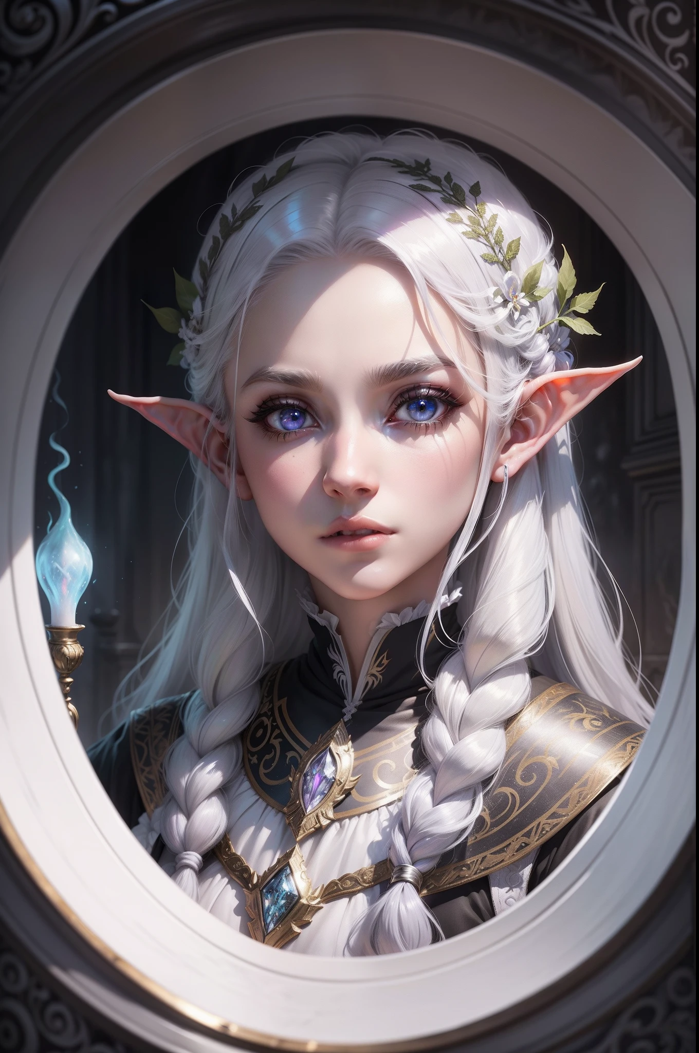 A dramatic painting, of a beautiful noble-looking Elf, Her hair is silver in color and her skin is white and her eyes are lilac in color. Ela esta parada em frente a uma janela, onde a luz do sou entra refletindo em sua pele um brilho, ao seu lado existe um zumbi lhe observando
