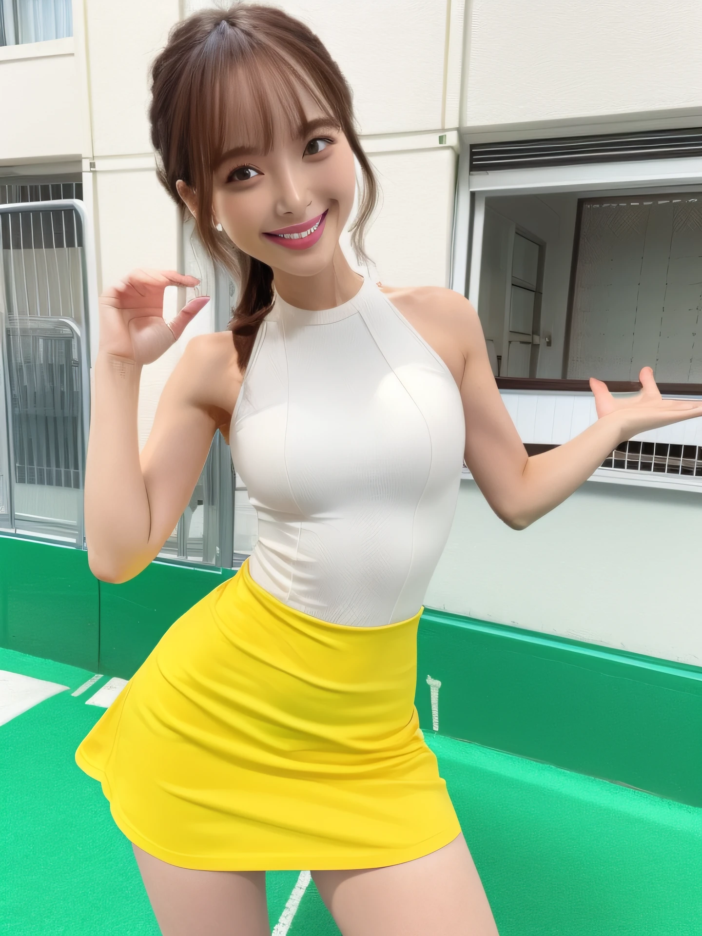 ((Top Quality, 8k, Masterpiece: 1.6)), Focus: 1.2, Perfect Body Beauty: 1.5, Buttocks: 1.3, ((Delicate Long Hair)), (Pitatted Clothes), (Sports Car, Street: 1.3), Highly Detailed Face and Skin Texture, Fine Eyes, Double Eyelids, Whitened Skin, Smile, Necklace, Ring, Person Standing Next to a Sports Car, Shoulders, Absolute Area ( 1.3), Perfect face and big breasts, (photorealistic photo: 1.4), (1 girl), 1 woman, 20 years old, (standing), (Fluorescent Yellow Lacing, Red Suit)), Smiling, (Cleavage with Big: 1.2)), Ponytail Hair (Ultra Detailed Human Face), (Ultra Detailed Teeth), Outdoor, (Raceway), Pit Road, Race Car, ((Spread Your Legs))