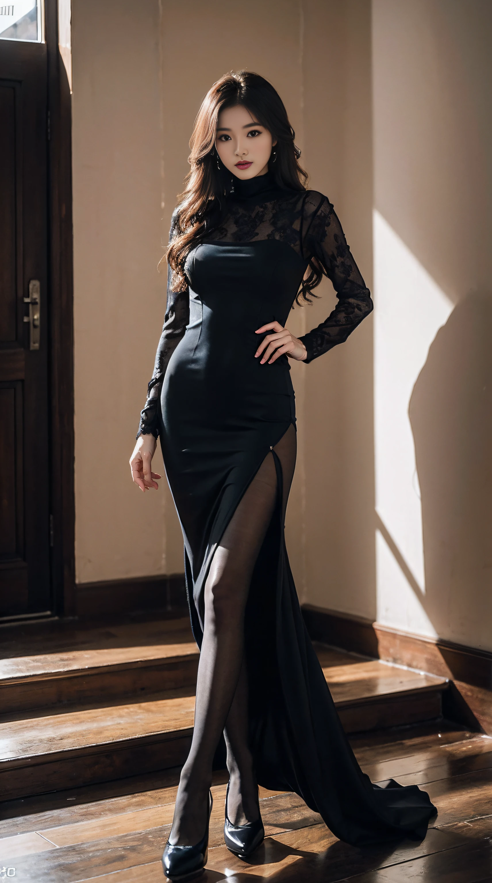 (8K,tmasterpiece,RAW photos,best qualtiy,the detail:1.2),Korean female model,Height 175 cm,perfect bodies,Long legs,wavy and long hair,Standing on wooden stairs in black dress and high heels, emaciated black evening gown, sexy gown, dark black long dress, full - length view, fantasy long intricate gown, black turtleneck lace dress, an elegant woman in black dress, full lenght shot, sophisticated dress,((Pantyhose)),Ray tracing,Full body portrait