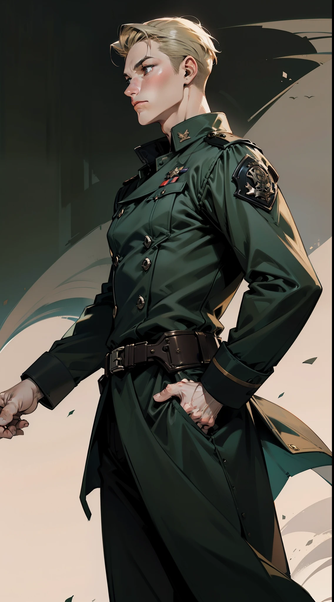 Homem adulto, forte e alta, ombros largos, German face, rosto quadrado, maxila fina, sem pelos faciais, short blonde hair combed back, Military army, Captain in black Call of Cthulhu style military clothing, imagem de corpo inteiro, Illustration of an RPG character