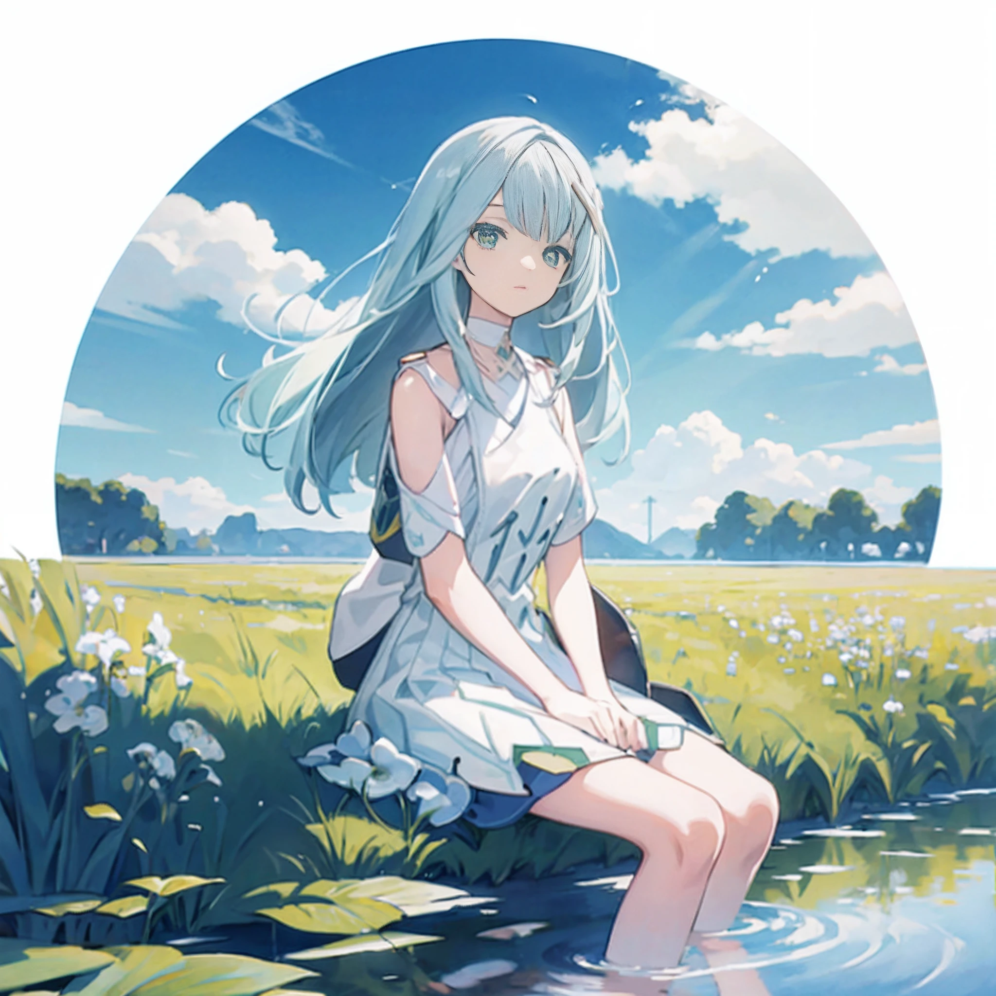 green fields pattern, white background, casual outfit, facing sideway, sitting, inside in the circle in the middle, long hair, water reflection,