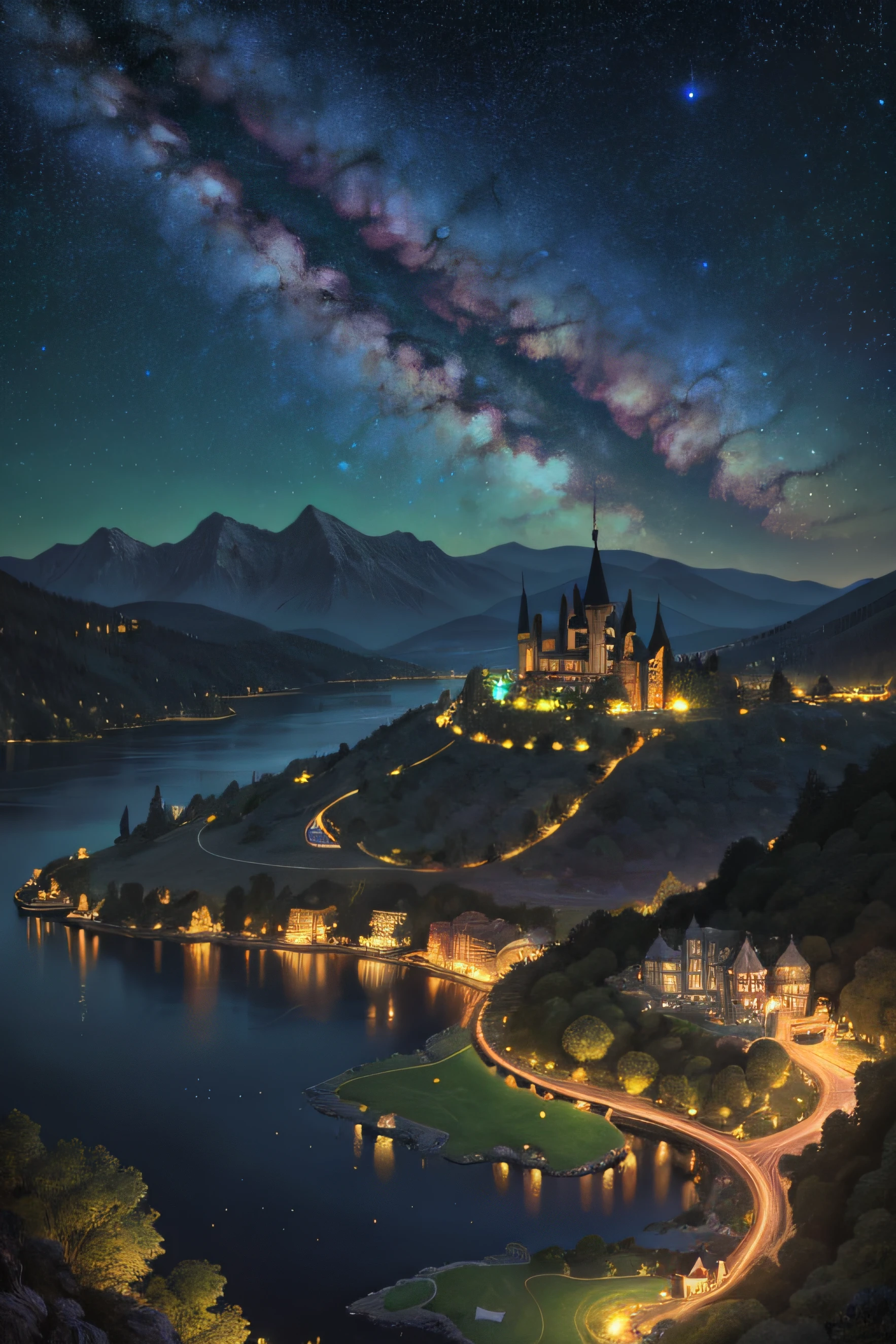 highly detailed, photorealistic, elaborate, rolling hills with starry clear, starry night sky, shallow depth of field viewed from a distance, a broad valley with a lake, surrounded by karsts and mountains, seen from a distance, fantasy city, turrets and towers,