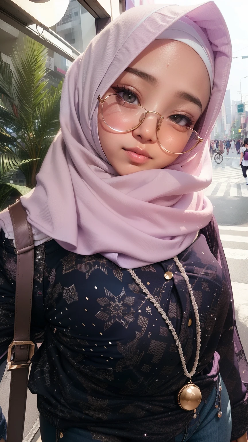 beautiful and very cute skinny Korean woman wearing a white Muslim hijab, eyes closed wearing round transparent glasses, visible breasts and genitals, her body is tattooed, wearing bracelets and necklaces
