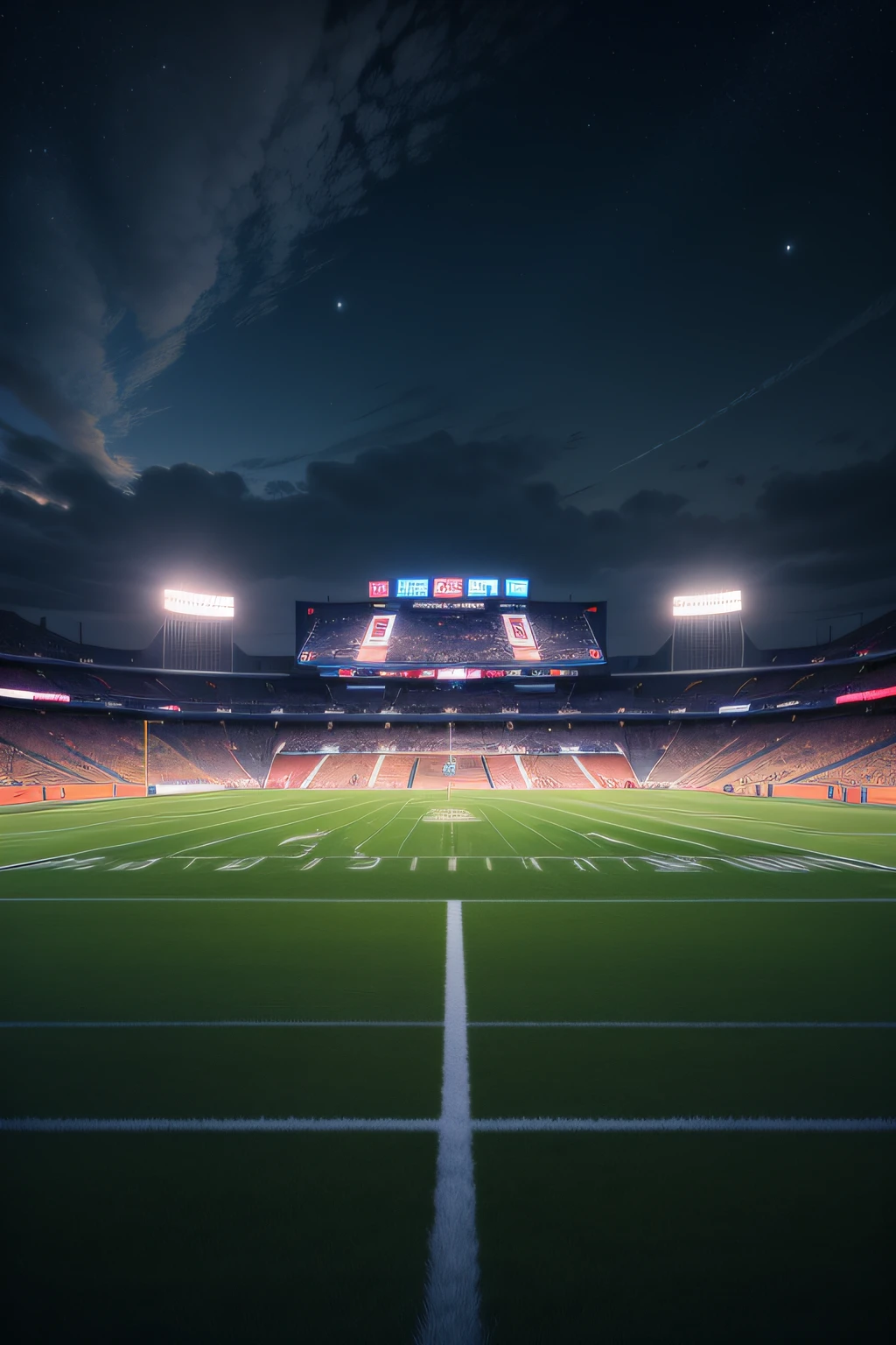 A football stadium at night, View from the lawn.