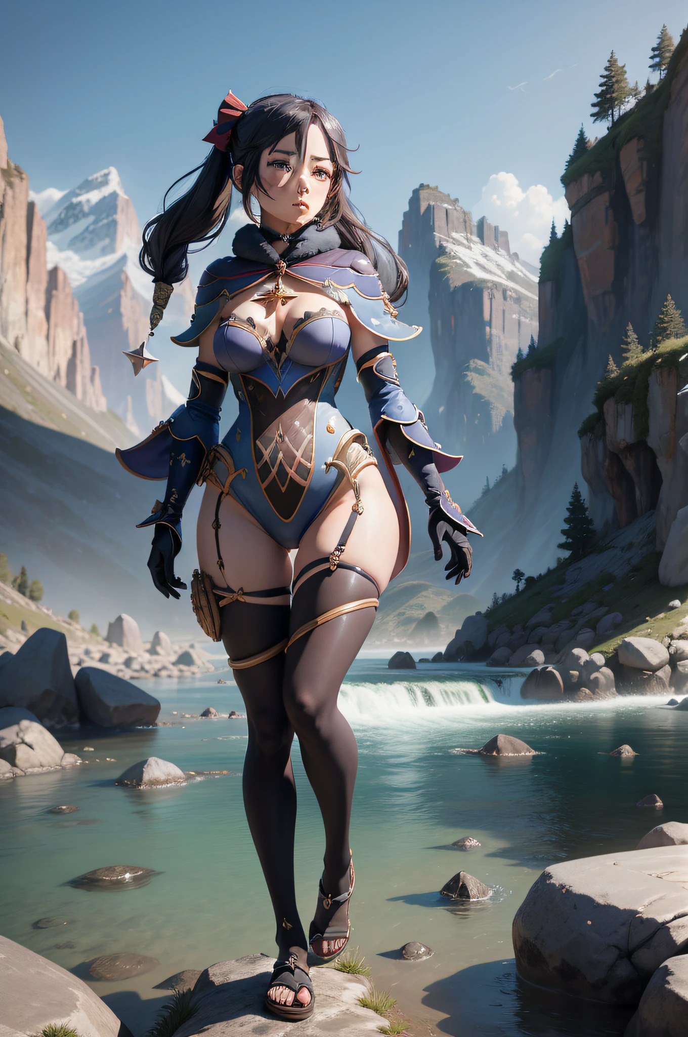 1 girl, pretty face, Mona from Genshin Impact, realistic skin, perfect anatomy, full body, mountains with high peaks in the background with a river in the valley, cinematic lighting, UHD, masterpiece, anatomically correct, high details, high quality, award winning, best quality, 4K,
