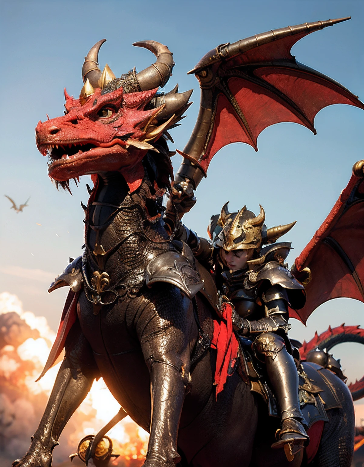 Professional , masterpiece、top-quality、photos realistic , depth of fields 、(Dragon Red Metal Body:1.9),(Enamel Red、(cleavage of the breast)、Dragon Gold Weapon、(Red Micro Bikini Armor:1.4),Gorgeous gold weapons ,(Riding a Demon Beast),(( Dragon's dense and gorgeous sword)) , (demonic wings)、((a blond))、(Castle background)、((Gangle's forest background))、((Fight dragons))、Beautiful Caucasian beauty、1a person、dynamic ungle,(((Detailed and ornate dragon helmet)))、Smaller head、A smile、Castle background、Thin and beautiful female hands、cleavage of the breast、Soldier in iron armor on background、Mystical expression、Light Effects、intense fighting、Wind-effect、magic circles、With the legendary magic wand、Dragon's tail、explosions、Anatomically correct body、