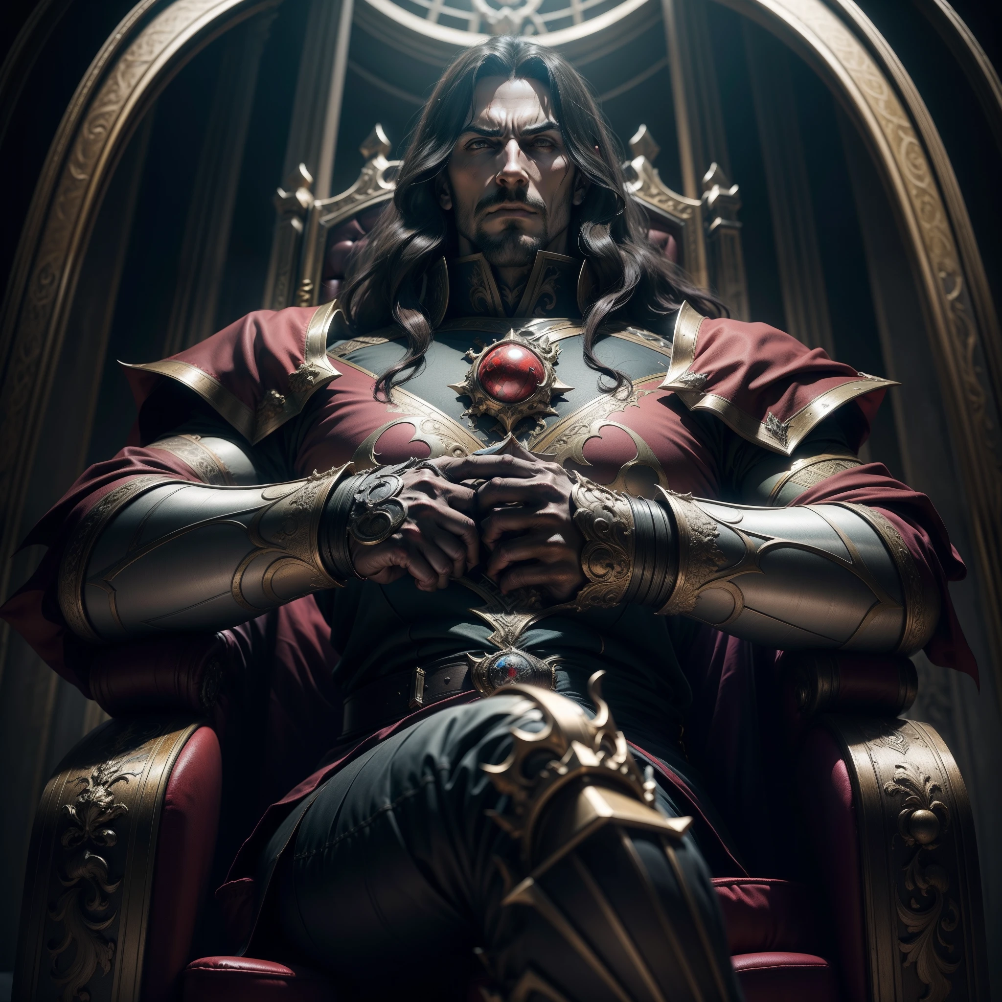 Castlevania Lord of the shadows hyper realistic super detailed Dynamic shot master piece of lord Dracula sitting in his great Legendary throne cinématique scènes movie Epic sharp détails