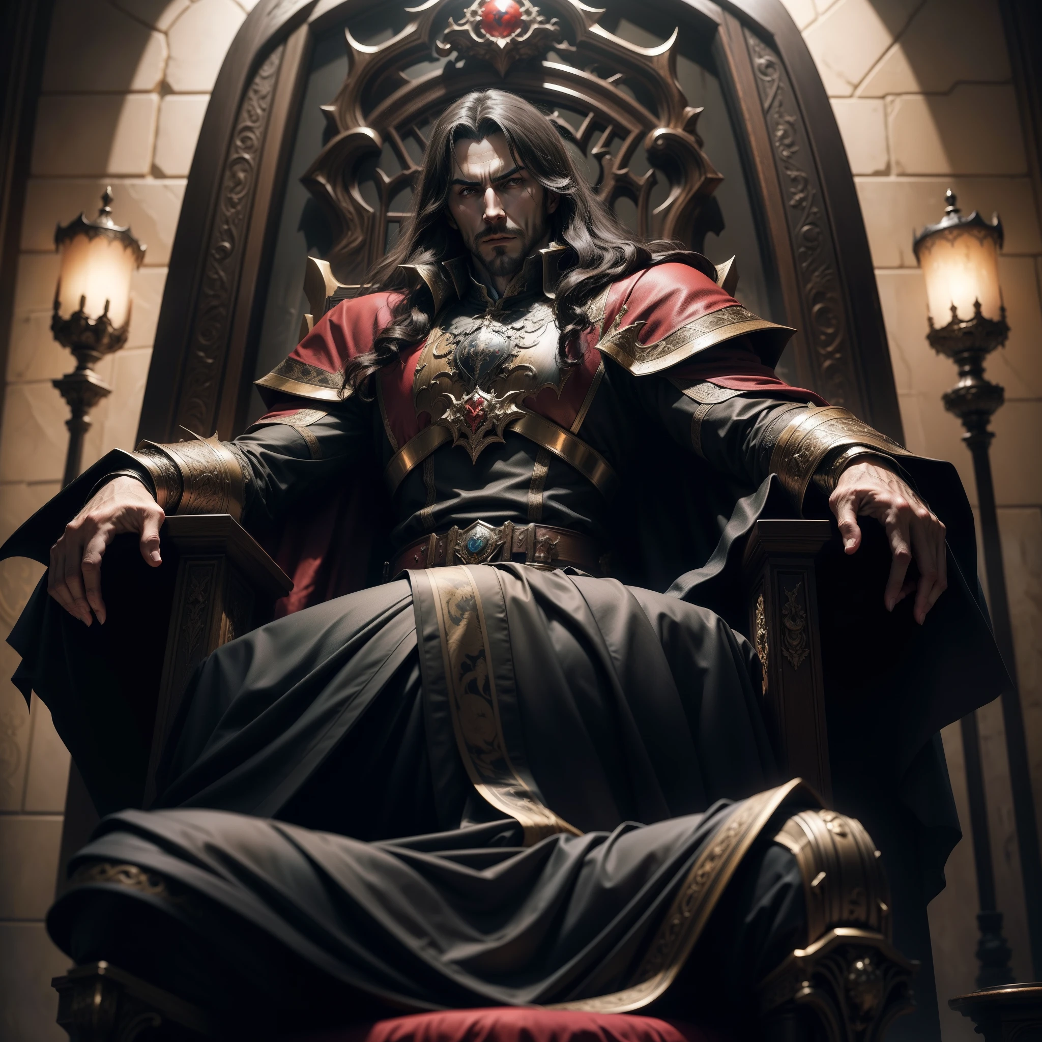 Castlevania Lord of the shadows hyper realistic super detailed Dynamic shot master piece of lord Dracula sitting in his great Legendary throne cinématique scènes movie Epic sharp détails