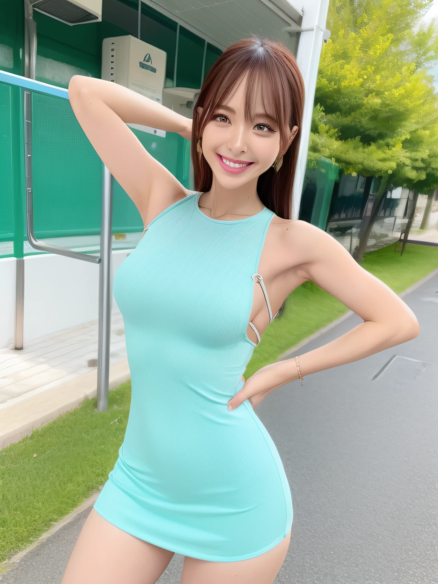Enamel Bodycon、Arm Swinging Pose、a miniskirt、Full smile