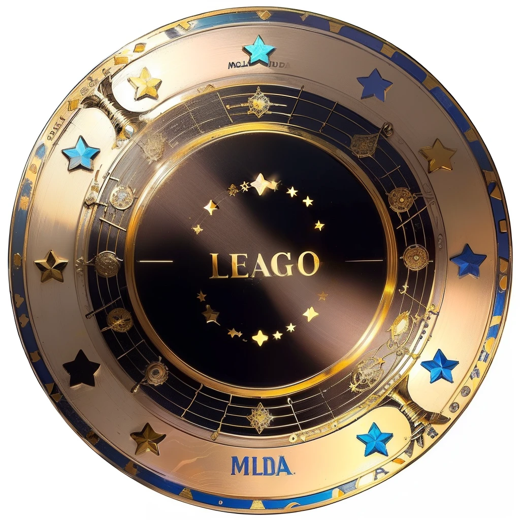 **um circulo de arco largo e dourado, moldura para foto, a name strip at the bottom of the circle, microfone e nota musical em volta do circulo, uma estrela no canto superior esquerdo** - Upscaling by