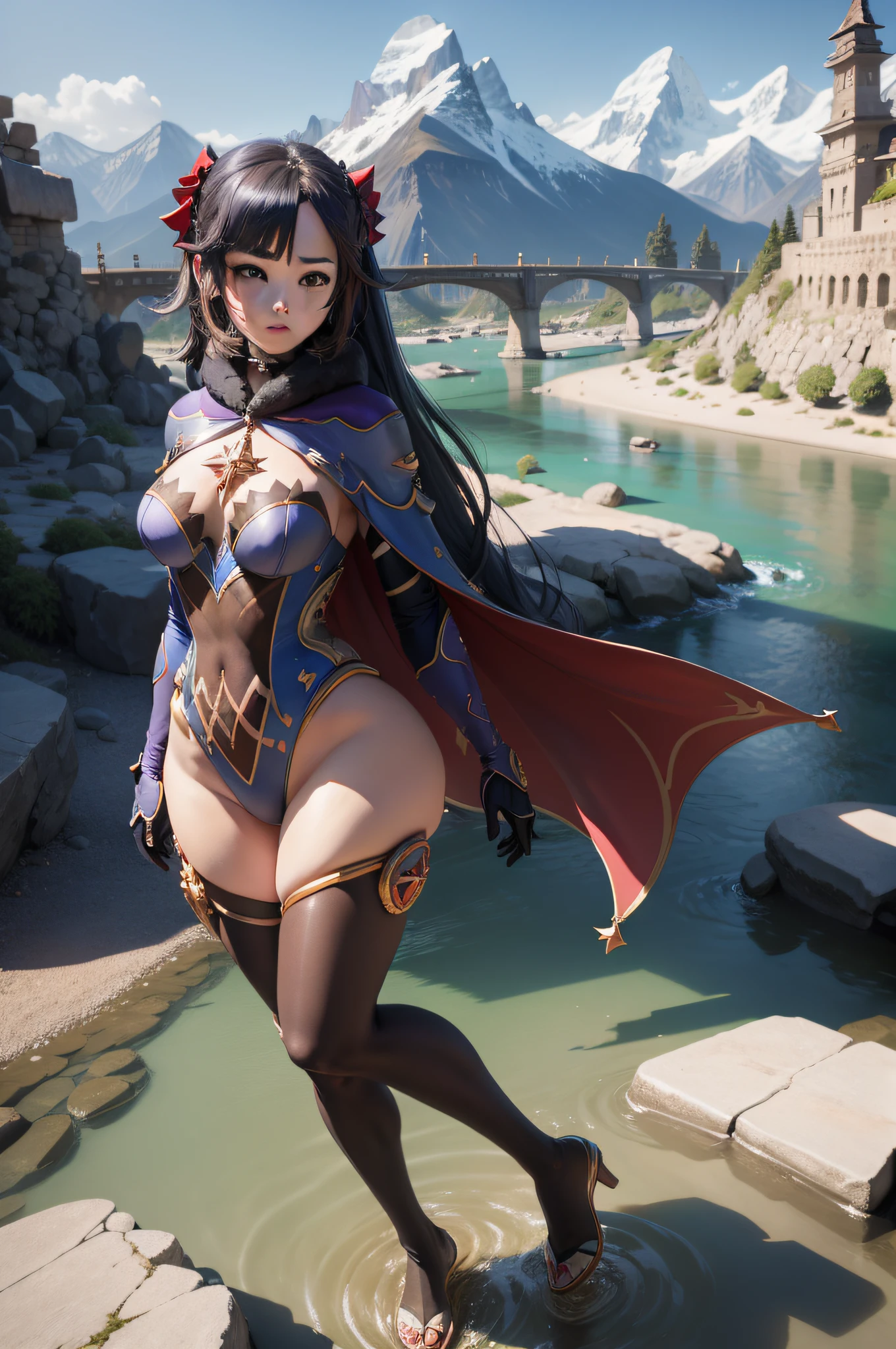 1 girl, pretty face, Mona from Genshin Impact, realistic skin, perfect anatomy, full body, mountains with high peaks in the background with a river in the valley, cinematic lighting, UHD, masterpiece, anatomically correct, high details, high quality, award winning, best quality, 4K,