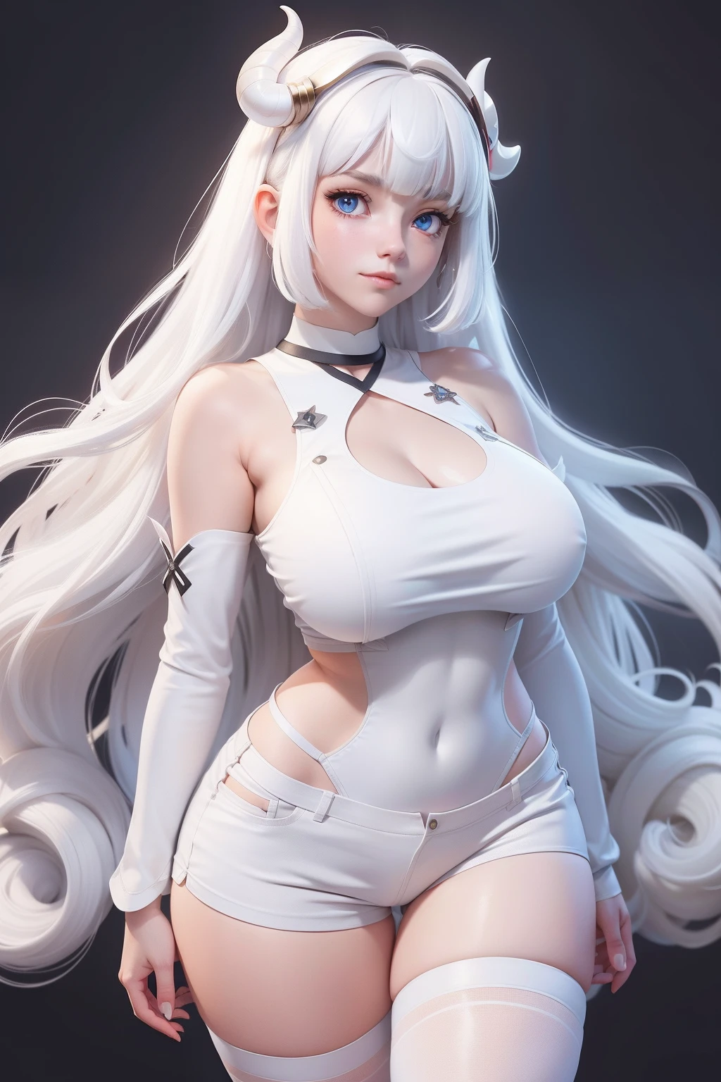 1girl, solo, standing, upper body, white hair, long hair, curly hair, messy hair, (blunt bangs:1.2), horns, sheep horns, white horns, blue eyes, looking at viewer, choker, white shirt, white shorts, short shorts, white thighhighs, (skindentation:1.2), curvy, large breasts, covered nipples, (white background, simple background:1.4), wlsdnjs950, (thick lines:1.2),